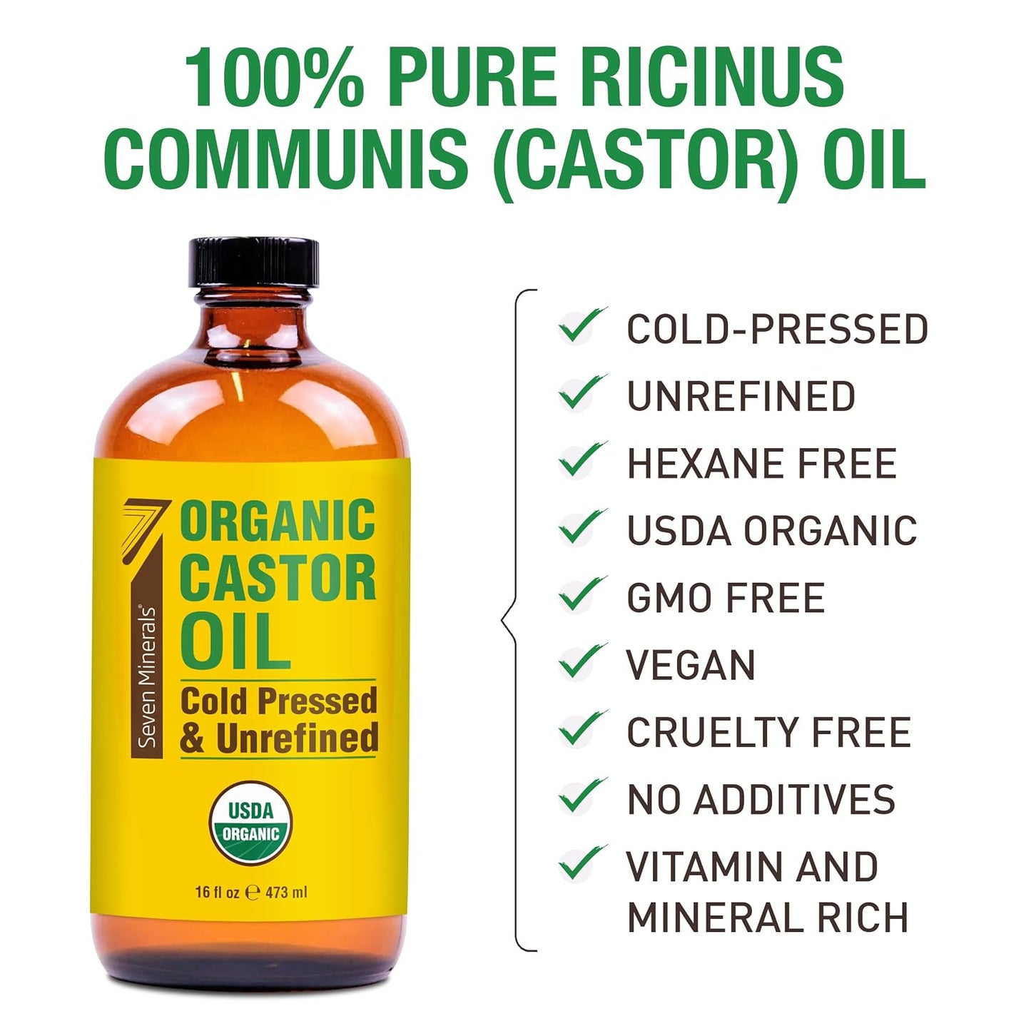HotSeven Minerals USDA Organic Castor Oil - Big 16 oz Glass Bottle with Pump - 100% Pure Cold Pressed Unrefined Hexane Free - for Hair Growth, Eyelashes, Eyebrows, Skin, Cuticles & Caster Oil Packs