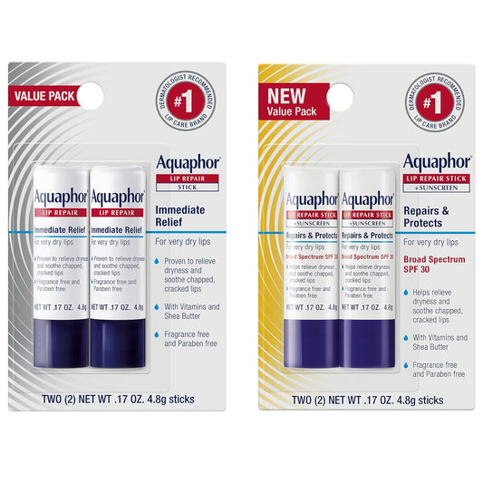 HotAquaphor Lip Balm Set with Jojoba Oil and Shea Butter, Lip Repair Stick (2 x 0.17 Oz) + Repair Stick with Sunscreen SPF 30 (2 x 0.17 Oz), Fragrance Free, Paraben Free, Immediately Relieves Dryness