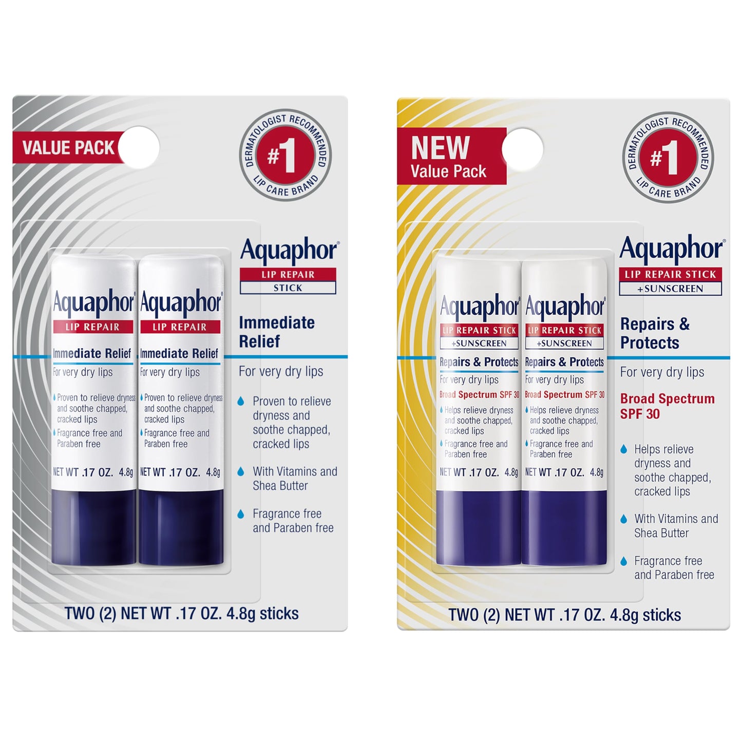 HotAquaphor Lip Balm Set with Jojoba Oil and Shea Butter, Lip Repair Stick (2 x 0.17 Oz) + Repair Stick with Sunscreen SPF 30 (2 x 0.17 Oz), Fragrance Free, Paraben Free, Immediately Relieves Dryness