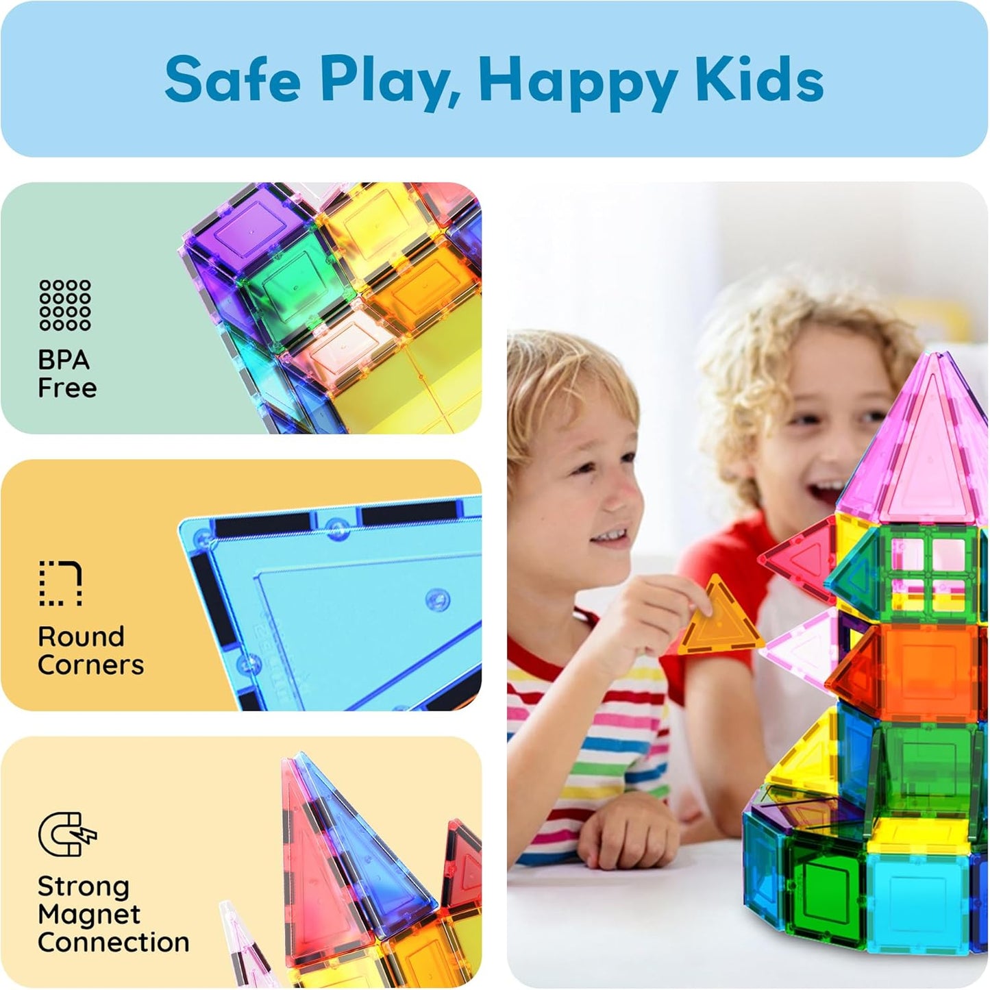 HotPicassoTiles 101 Piece Magnetic Tiles Building Set with Car & Bag Ages 3+ | BPA-free plastic, smooth-edge design, doors/windows, specialty shapes, spatial reasoning, hand-eye coordination, pretend play