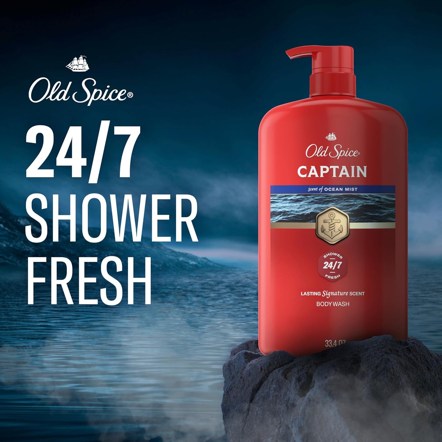 HotOld Spice Refreshing Body Wash for Men, 3X Defense, 24/7 Shower Fresh with Long Lasting Scent, Red Collection, Captain with Bergamot Scent, 33.4 oz