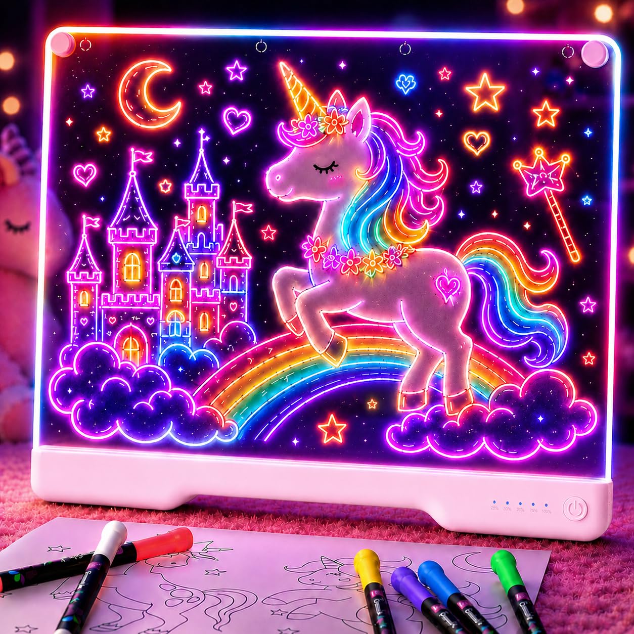 HotGeokay 16" Rechargeable LED Drawing Board, 9-Color Light Modes, Neon Art Dry Erase Light Up Doodle Glow Pad with Built-in Stand, Sketching Gift Toy for Kids/Girls/Teens, 7 Markers & Tracing Book