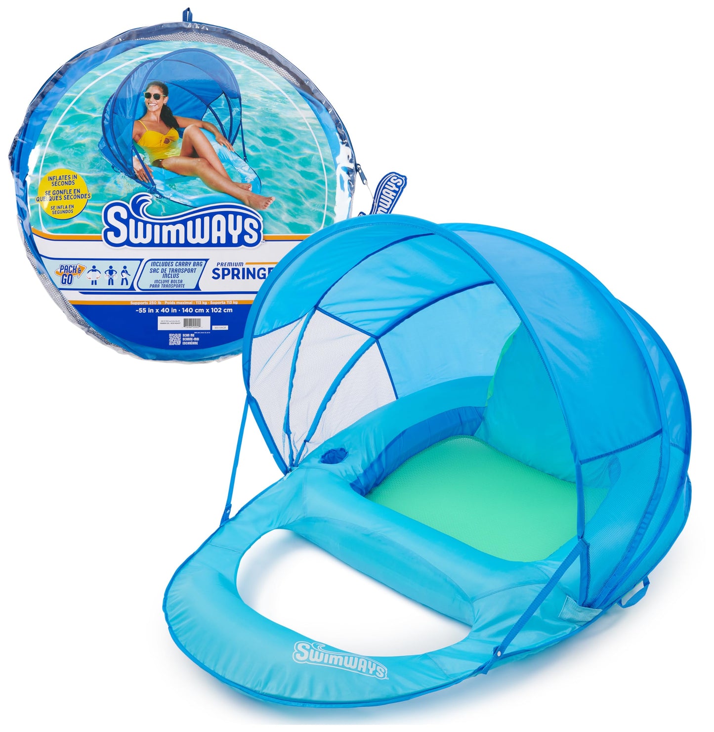 HotSwimWays Spring Float Recliner, Fast-Inflating Adult Pool Lounger; Ages 15+ | Patented Fast Inflation for Immediate Use During Travel, Fits Most Adults and Teens, Teens & Adults Can Lounge Comfortably