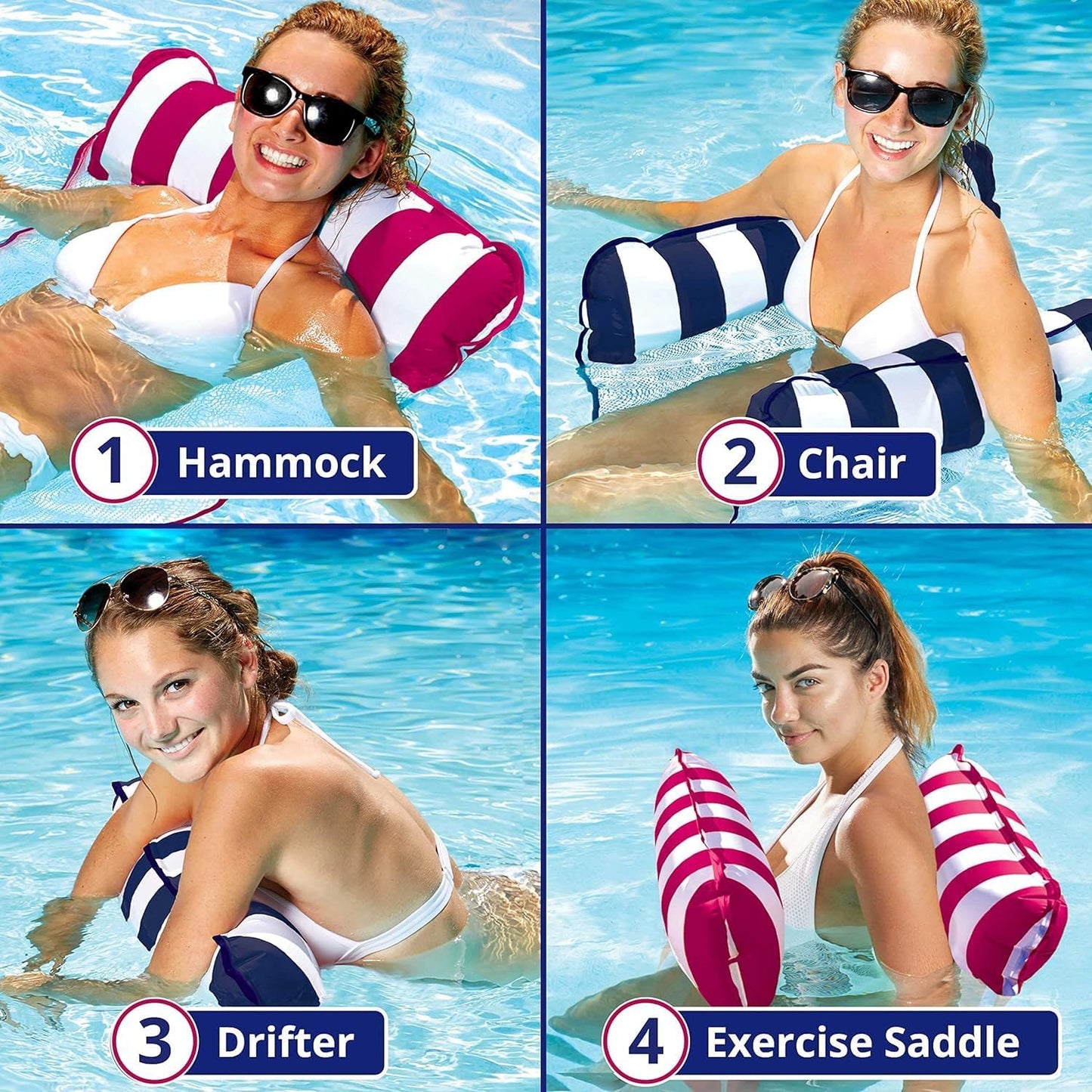 HotAqua 4-in-1 Monterey Hammock Pool Float & Water Hammocks – 2-3-4 Multipacks – Multiple Colors/Styles – for Adults and Kids Floating