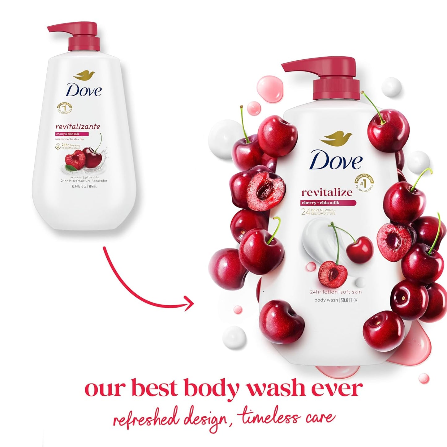 HotDove 24hr Lotion Body Wash Revitalizante Cherry & Chia Milk, 30.6 oz | Hydrating body wash with MicroMoisture and a luscious cherry scent