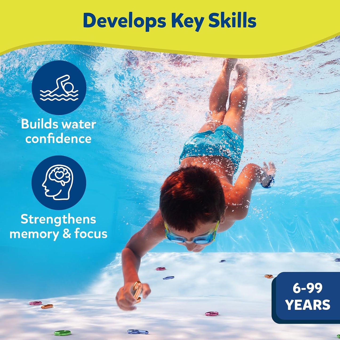 HotSkillmatics – Seek & Splash, Pool Dive Toys for Kids, Search & Find Game | Swimming Pool Number Dive Toy, Summer Fun & Gift for Boys & Girls Ages 6, 7, 8, 9, 10, 11 & Up, Includes 50 Colorful Gems
