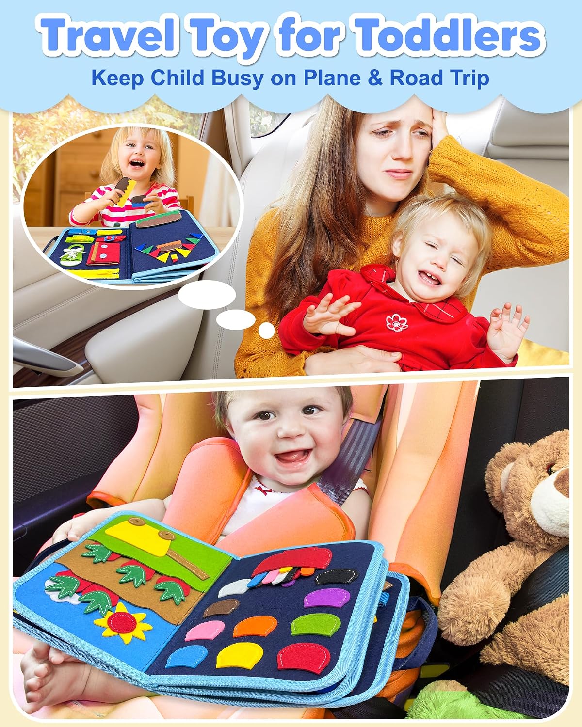 Hot Exorany Busy Board Montessori Toys for Toddler Boy Birthday Gifts, Busy Book Sensory Learning Toys for Toddlers, Toddler Boy Airplane Car Travel Toy Educational Activities