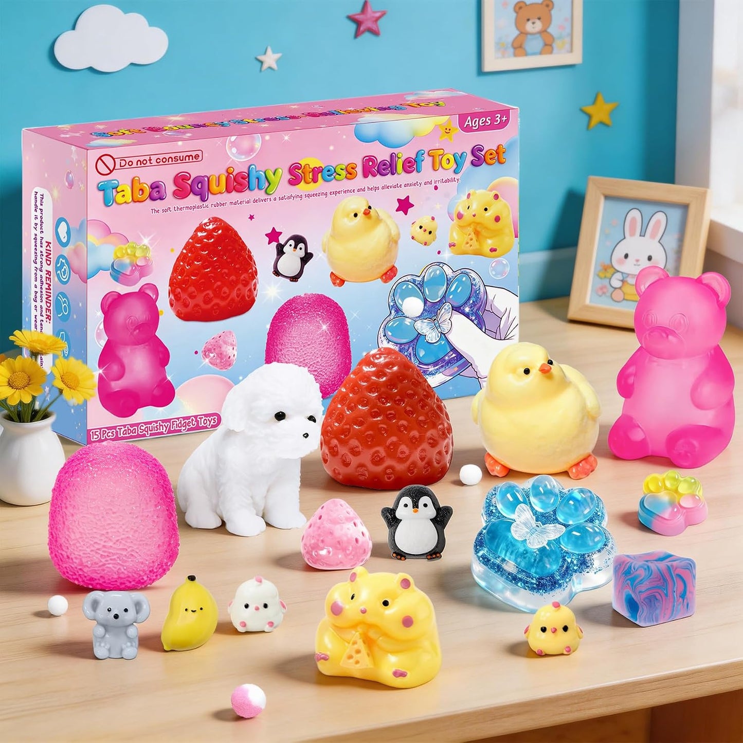 Hot 15Pcs Taba Squishies Kit, Squishies Fidget Toys, Including Strawberry, Cat Paw, Hamster Toy, Stress Relief Toys Party Favors for Kids 4-8 8-12, Sensory Toys Birthday Easter Gifts
