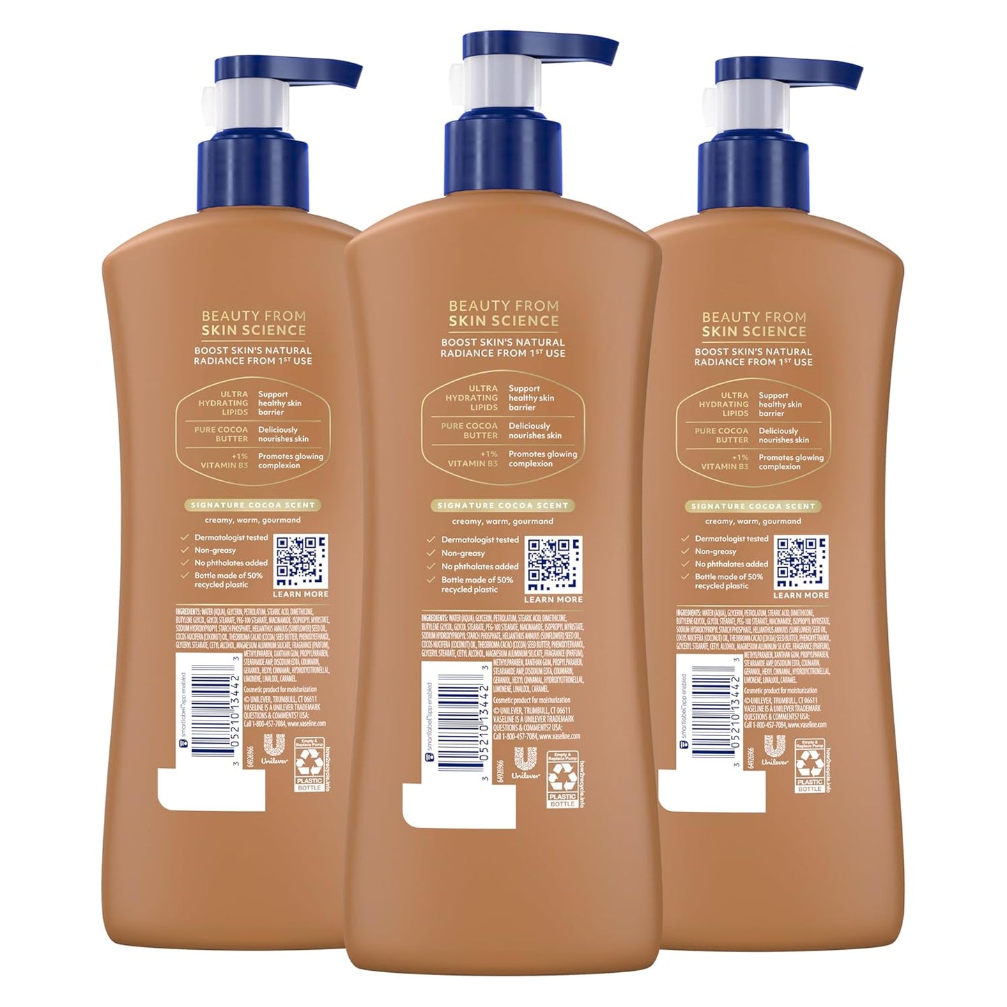 HotVaseline Intensive Care Body Lotion Cocoa Radiant 3 count for Dry Skin Lotion Made with Ultra-Hydrating Lipids and Pure Cocoa Butter for a Long-Lasting, Radiant Glow 20.3 Oz