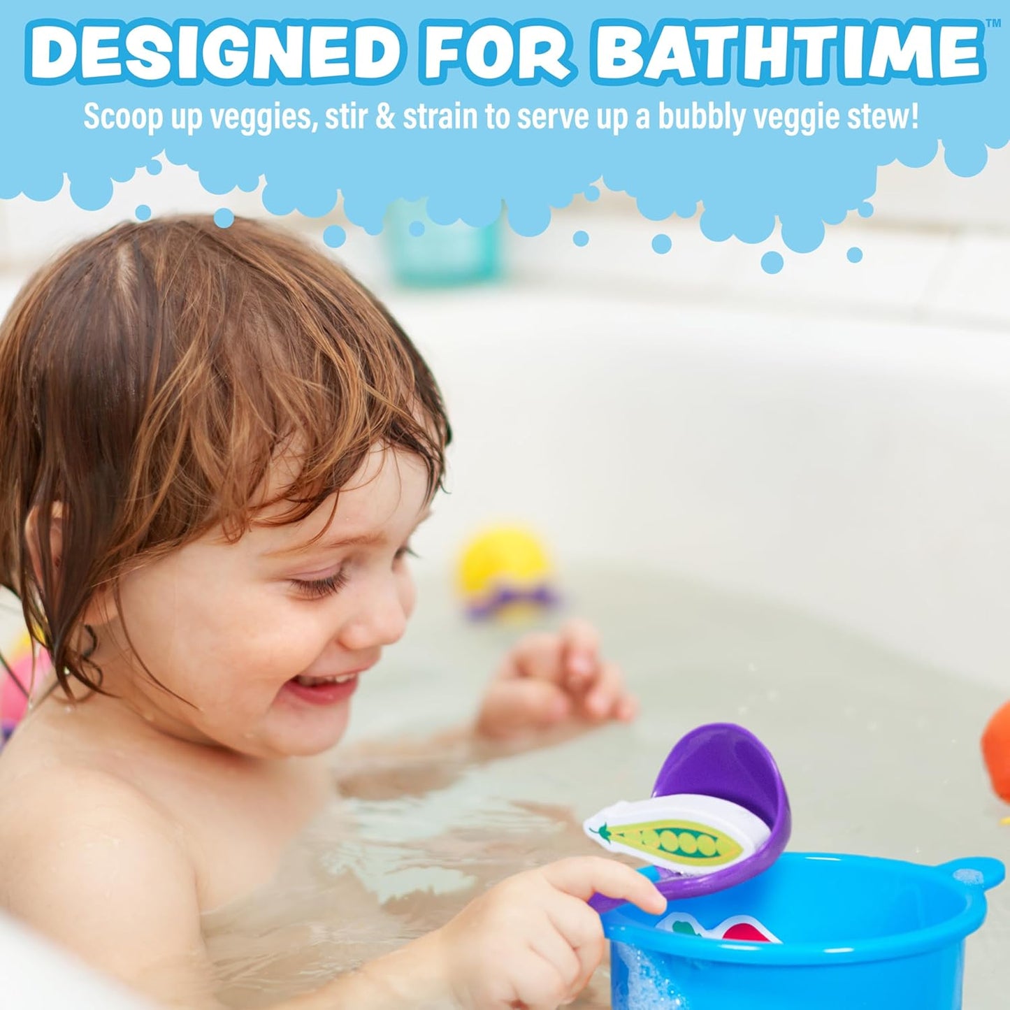 HotTub Works® Tub Soup™ Scoop, Strain & Play Toddler Bath Toy | Floating Foam Veggies, Ladle for Scooping & Soup Pot for Straining | Pretend Play Cooking Kids Bath Toys | Creative Bathtub Toys