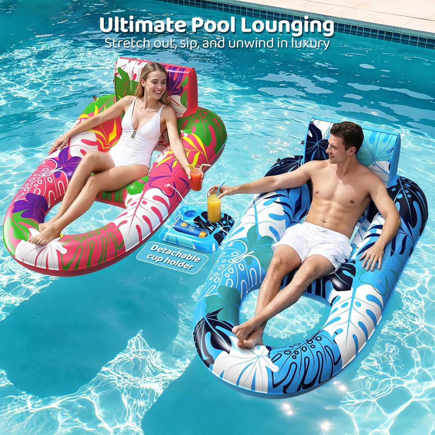 Hot2 Pack Pool Floats Adult Heavy Duty, Inflatable Pool Lounger Float with Detachable Cup Holders & Backrest, Extra Large Pool Rafts Water Floaties for Adults Swimming Pools Beach Lake Party