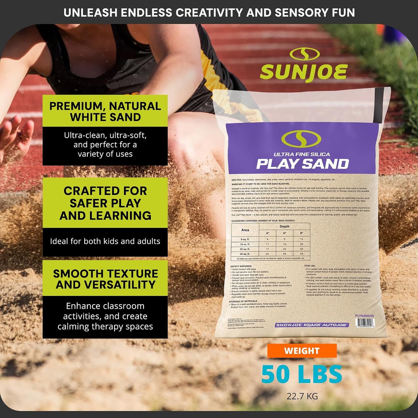 Hot Sun Joe Silica Play Sand for Sandbox, Sensory Table & Gardens, Ultra Fine, 50 Lb Bag - Indoor & Outdoor Craft Accessory for Molding, Digging & Sculpting, PLYSAND50