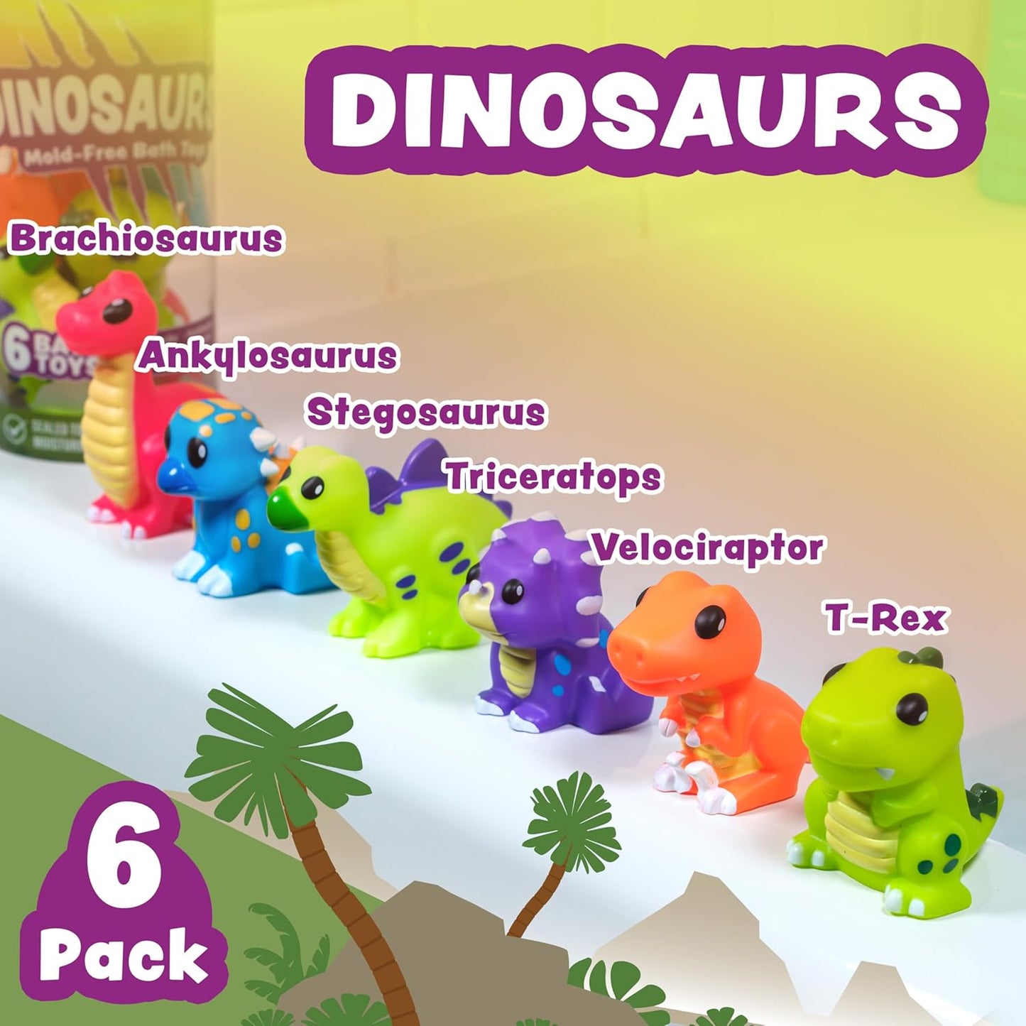 HotTub Works® Dinosaur Mold Free Bath Toys, 6 Pack | Sealed, No Hole Bath Toys Design Keeps Moisture Out | Soft, Squeezable & Float on Water | Easy-Grip Baby & Toddler Bath Toy Set | Great Baby Pool Toys