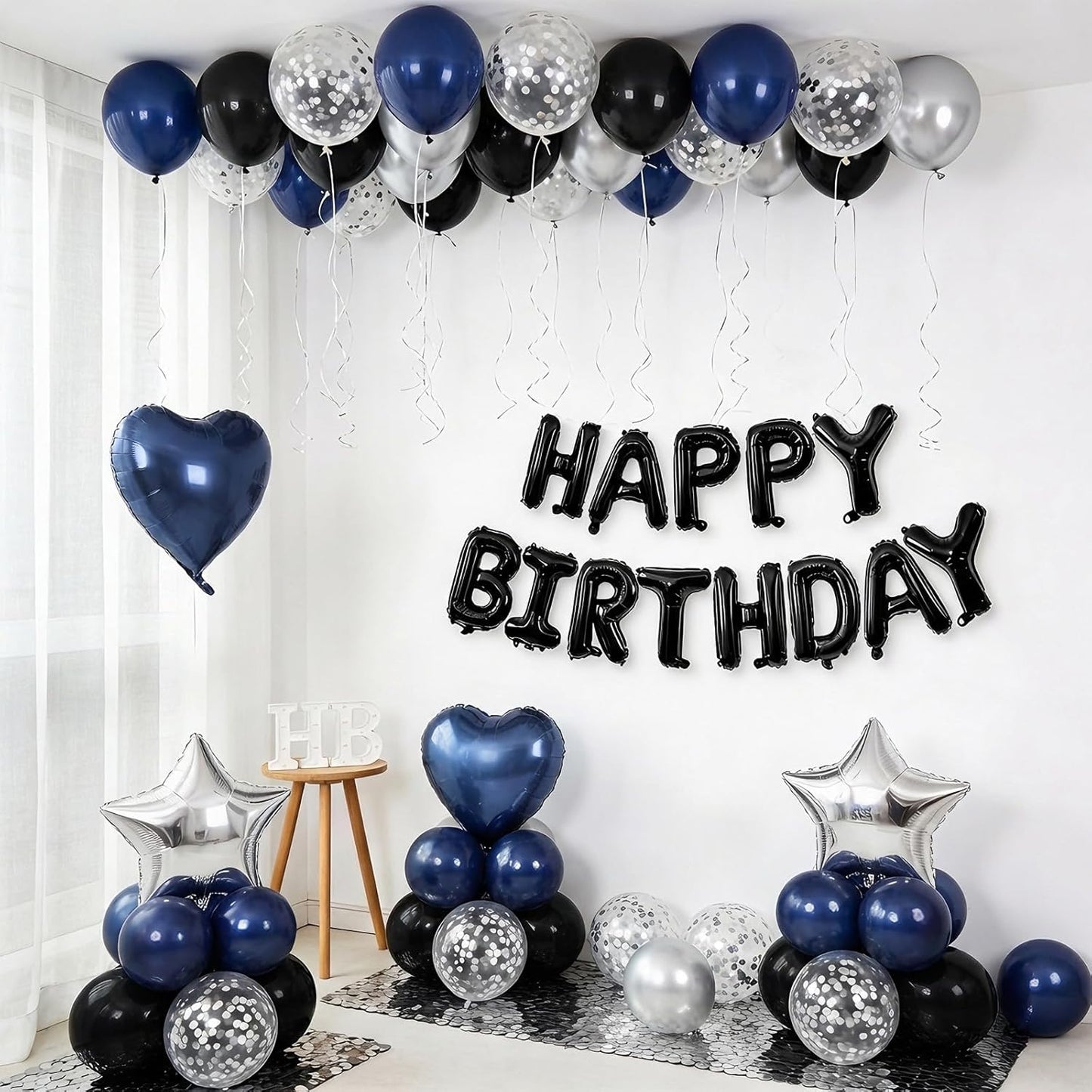 HotNavy Blue and Black Birthday Decorations for Men,Blue Black White Balloons Happy Birthdays Balloon Banner Silver Confetti Balloons for Men Boy Girls Women Adults Birthday Party Decorations