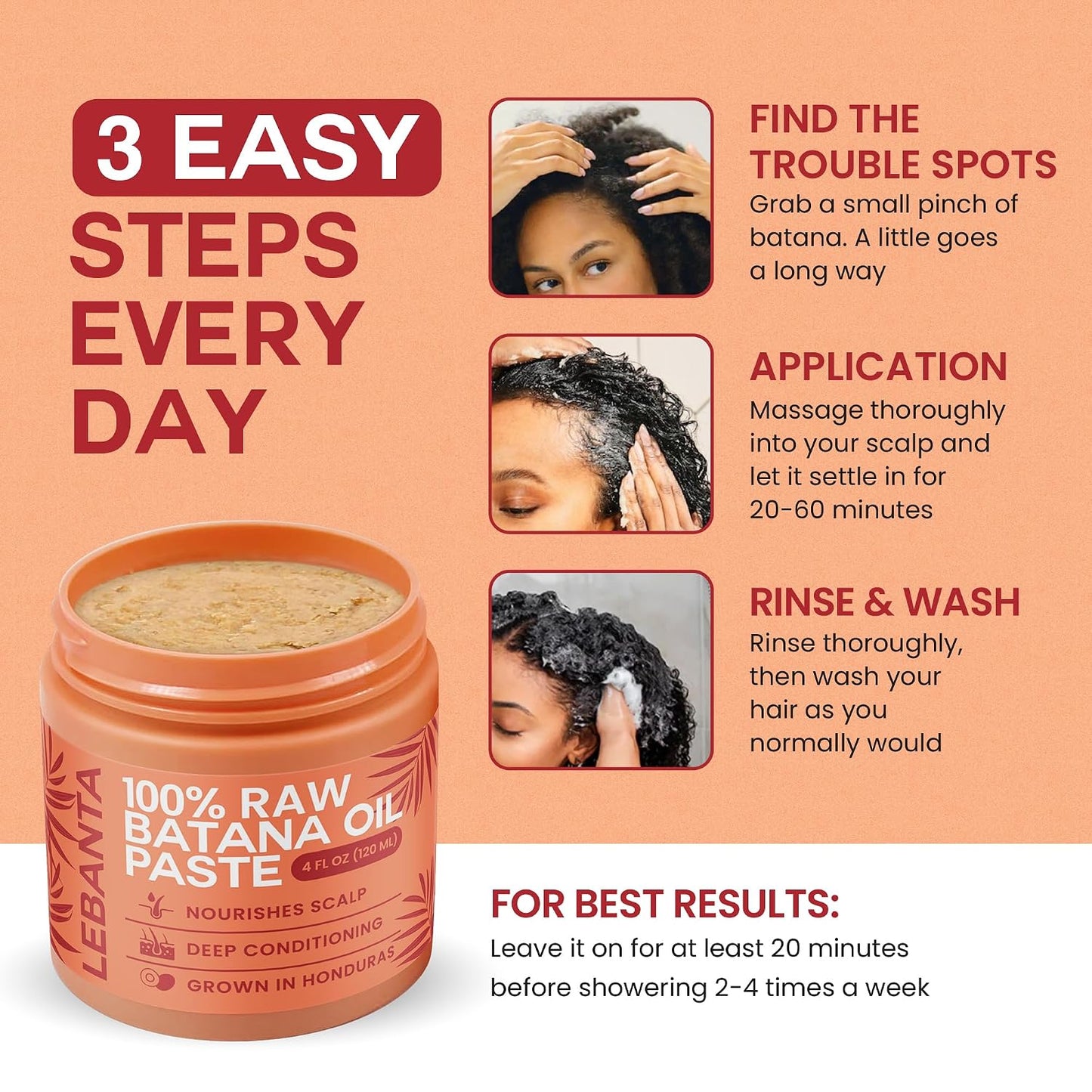 HotLebanta Raw Batana Oil for Hair - 100% Pure, Organic 4oz Batana from Honduras for Fuller, Thicker-Looking Hair - Unrefined Cold Pressed Cosmetic Scalp Oil & Hair Mask, Gift for Women (1 Pack)
