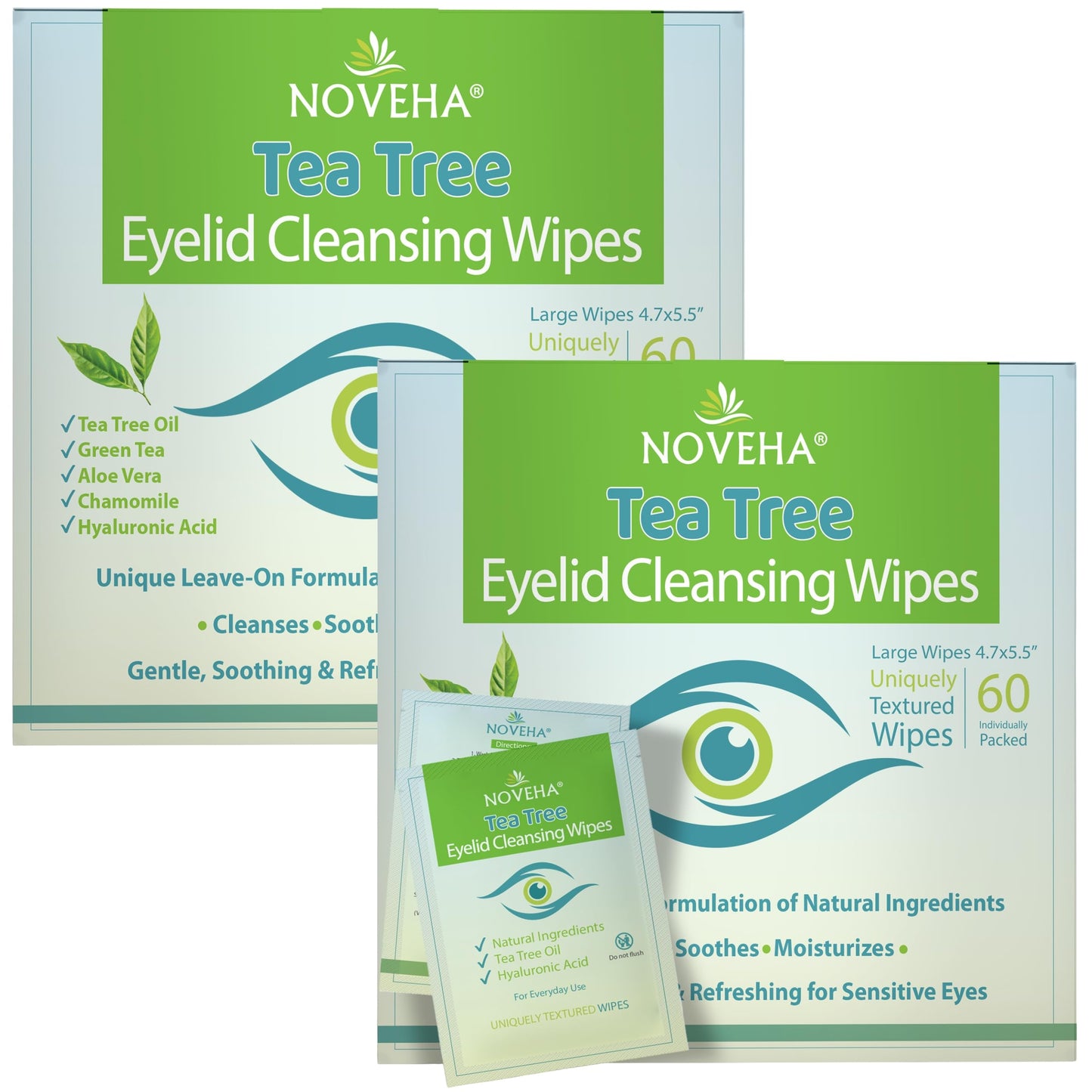 HotNOVEHA 60PCs Tea Tree Oil Eyelid & Lash Wipes | With Hyaluronic Acid, Green Tea & Chamomile For Blepharitis, Itchy & Stye Eyes, Individually Wrapped, Natural Eyelash Makeup Remover & Daily Cleanser