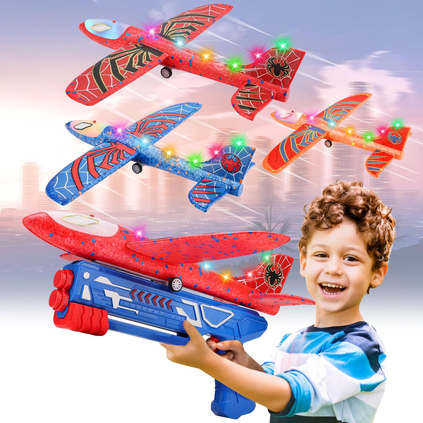 HotFuwidvia 3 Pack Airplane Launcher Toys, 13.2'' LED Foam Glider Plane Toy for Boys, 2 Flight Modes Outdoor Flying Toys Birthday Gifts for Boys Girls 4 5 6 7 8 9 10 11 12 Year Old (Blue&Green&Orange)