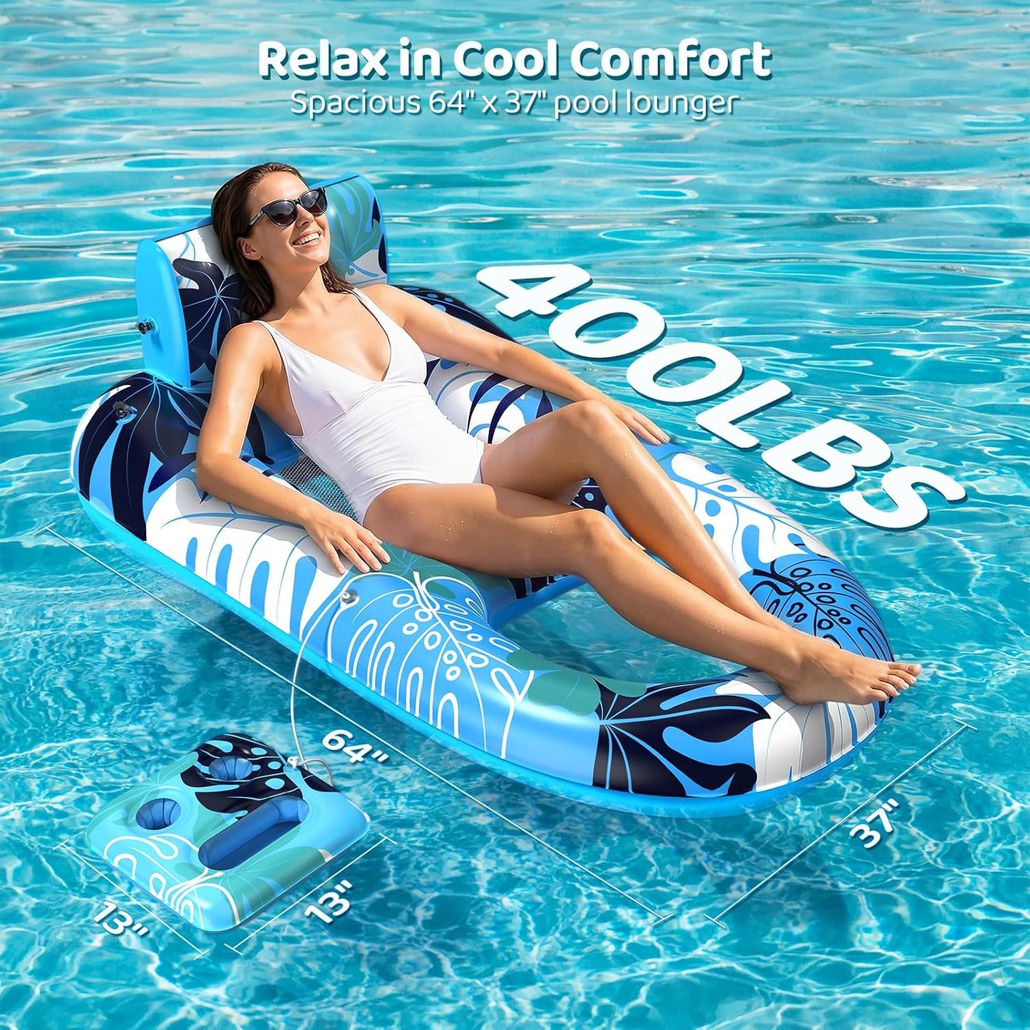 Hot2 Pack Pool Floats Adult Heavy Duty, Inflatable Pool Lounger Float with Detachable Cup Holders & Backrest, Extra Large Pool Rafts Water Floaties for Adults Swimming Pools Beach Lake Party