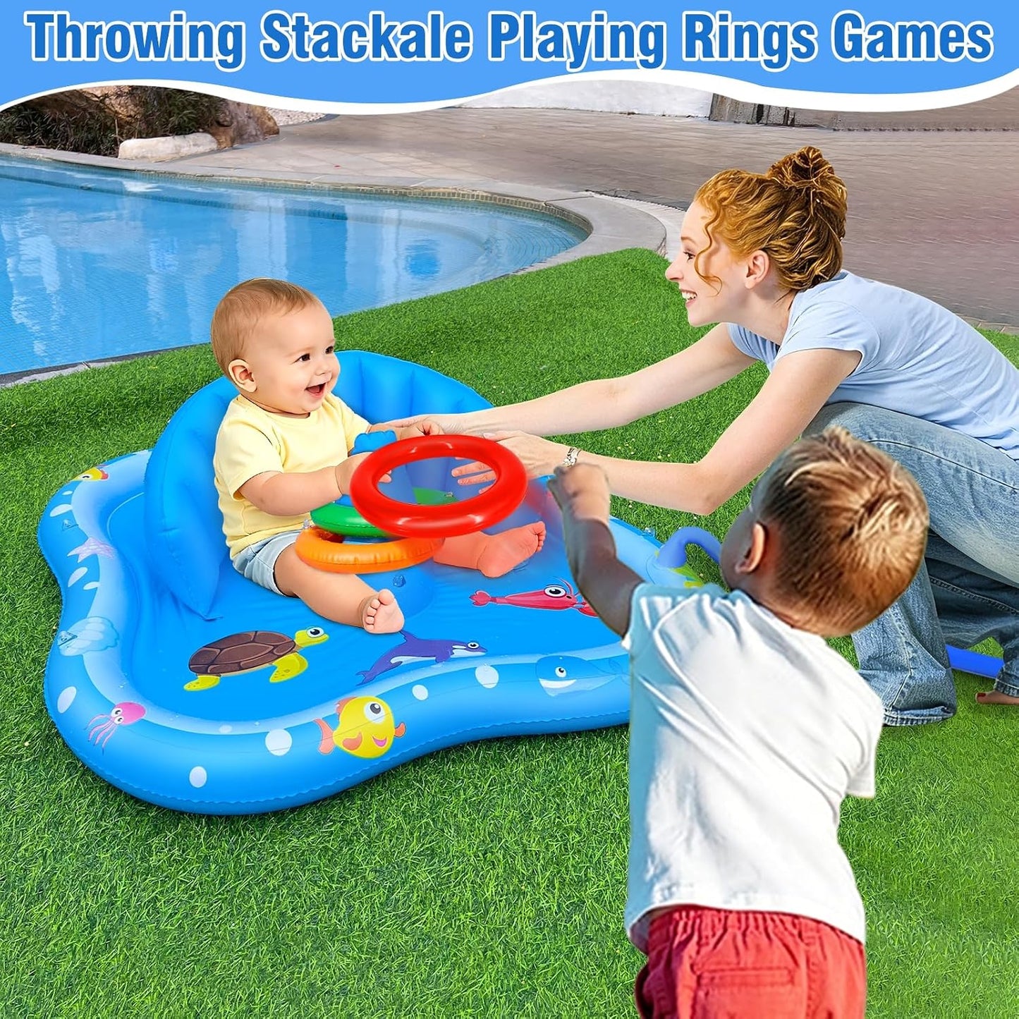 Hot iGeeKid Baby Play Mat with Sprinkler, Inflatable Baby Pool Float with Canopy Backrest & Stackable Rings Water Sprinkler for Kids, Outdoor Water Play Toys for Toddlers Backyard Swimming Water Games