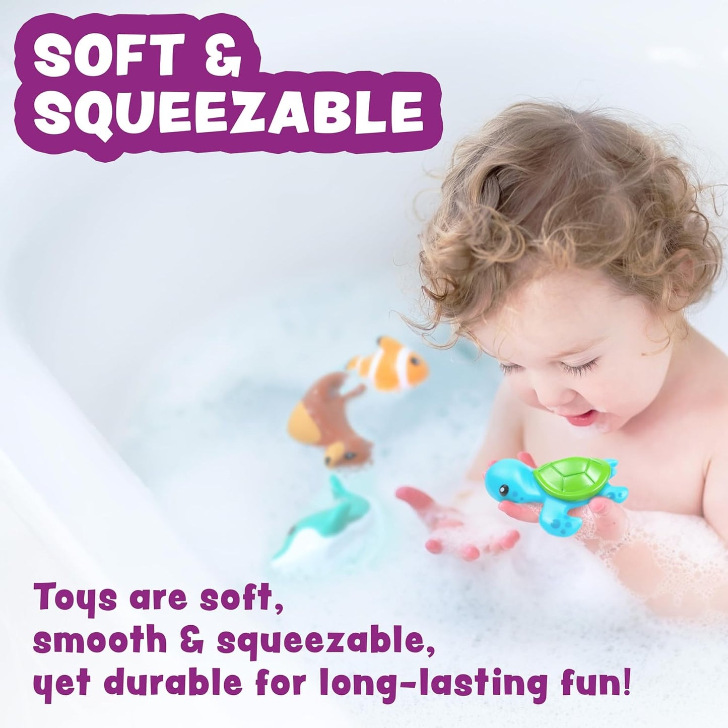 HotTub Works® Marine™ Mold Free Bath Toys, 6 Pack | Sealed, No Hole Bath Toys Design Keeps Moisture Out | Soft, Squeezable & Float on Water | Easy-Grip Baby & Toddler Bath Toy Set | Great Baby Pool Toys