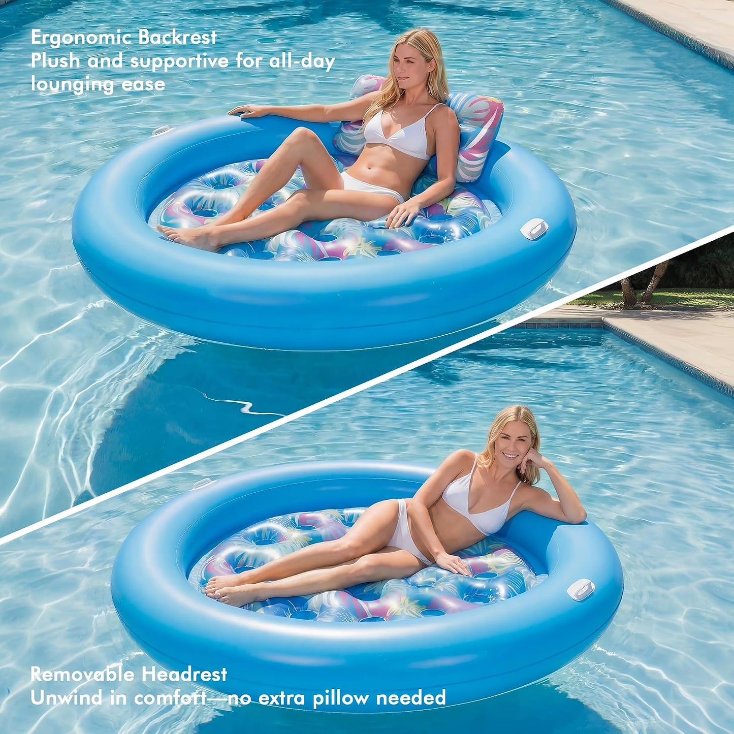 Hot Pool Floats Adult Heavy Duty, OKSUWATER 75" x 75" Giant Inflatable Pool Float with Removable Pillow & Handles, Tanning Pool Lounger Floaties Bed for Swimming Pool Beach Outdoor Summer Party (Blue-XL)