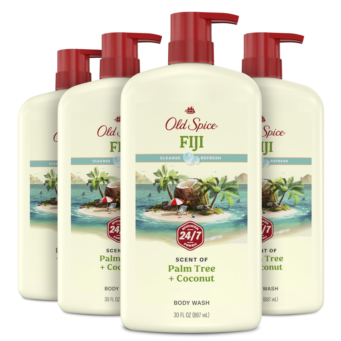 HotOld Spice Body Wash for Men, 24/7 Shower Fresh with Lasting Scent, Cleanse & Refresh, Gentle on Skin, Vitamin B3, Fiji with Palm Tree + Coconut Scent, 25 oz (Pack of 4)