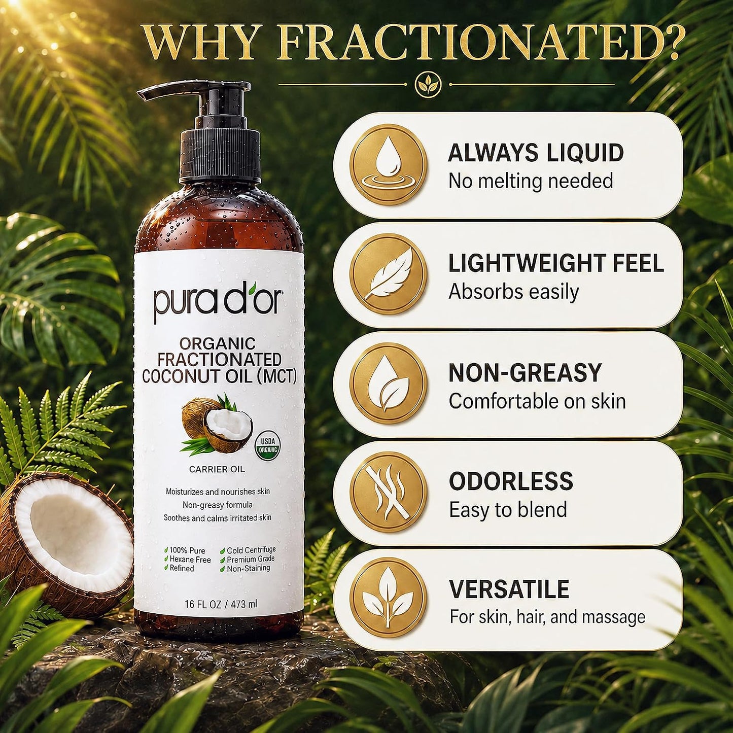 HotPURA D'OR ORGANIC Fractionated Coconut Oil MCT Oil (16 Oz) 100% Pure & Natural USDA Certified