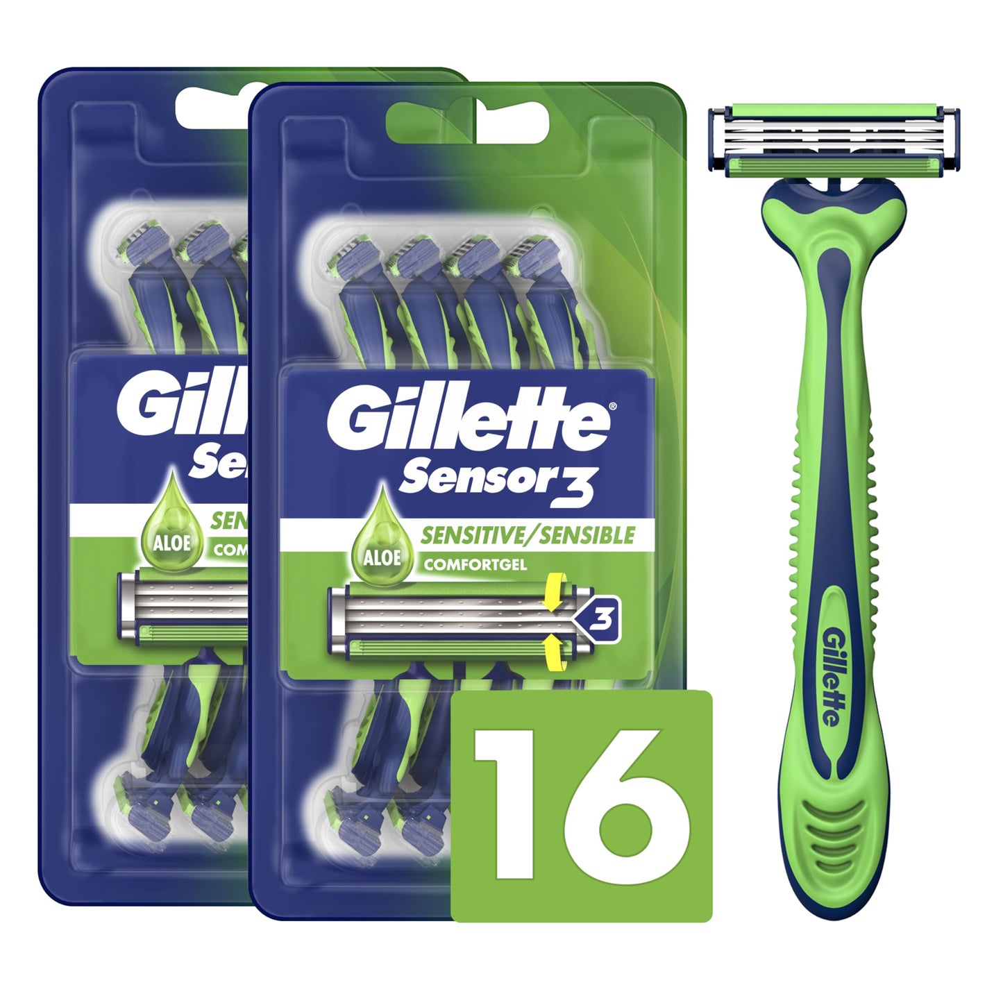 HotGillette Sensor3 Sensitive Men's Disposable Shaving Razors, 12 Count