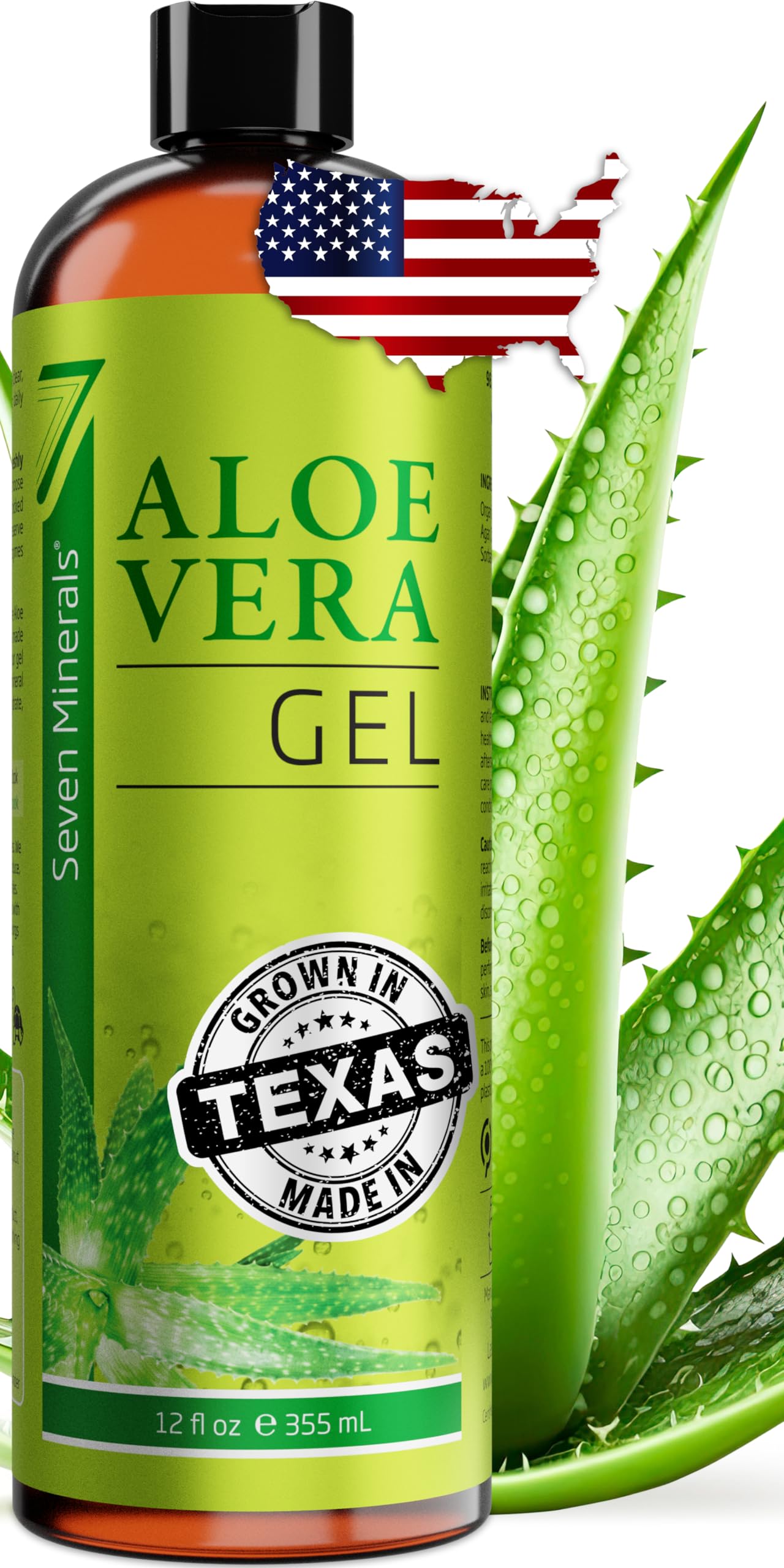 HotSeven Minerals Aloe Vera Gel with Freshly Cut Pure Organic Aloe - Big 12oz - Texas Grown, HighestQuality, Vegan, Unscented, Non-Sticky - After Sun, Skin & Face Moisturizer, Hair Mask