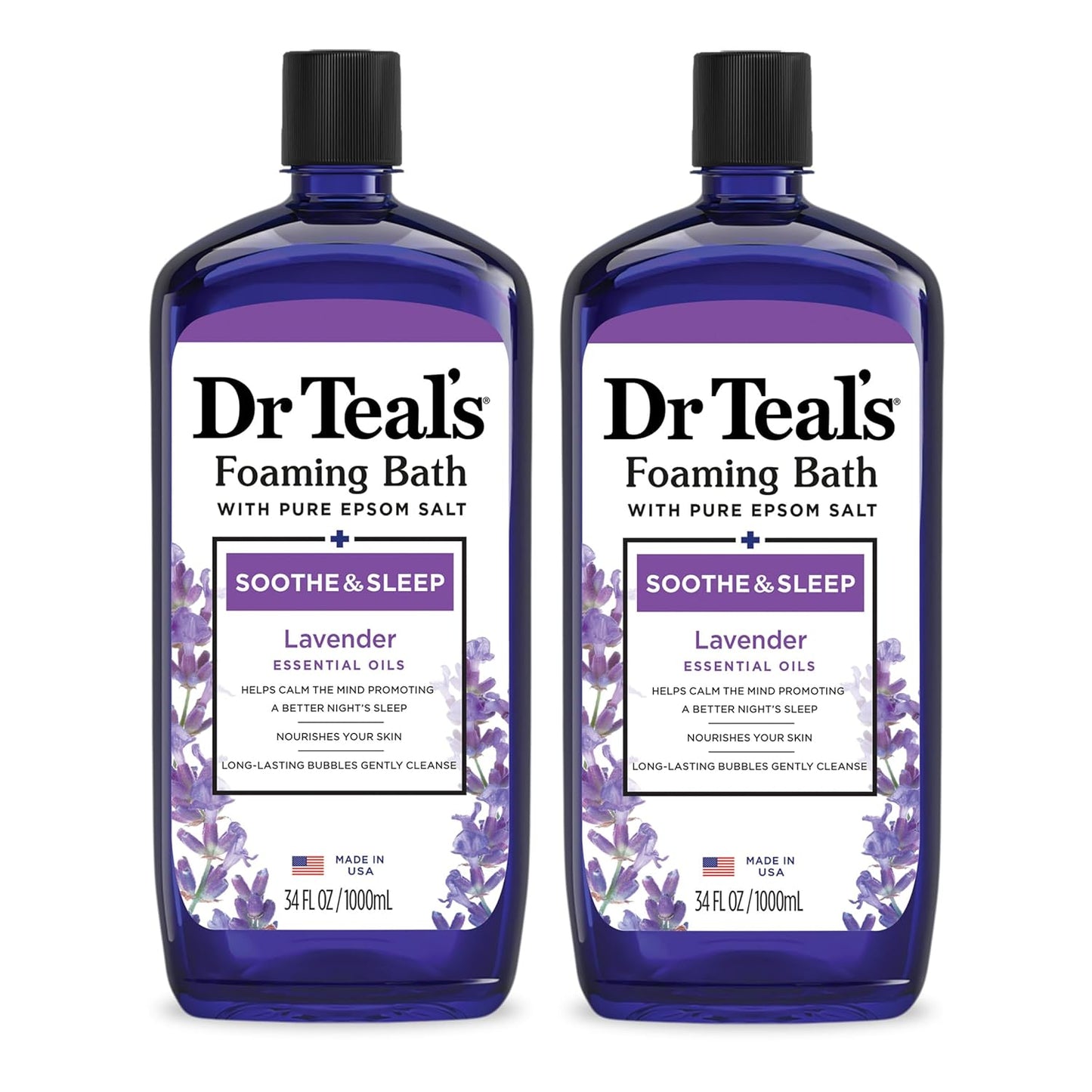 HotDr Teal's Foaming Bath with Pure Epsom Salt, Soothe & Sleep with Lavender, 34 fl oz (Pack of 2)