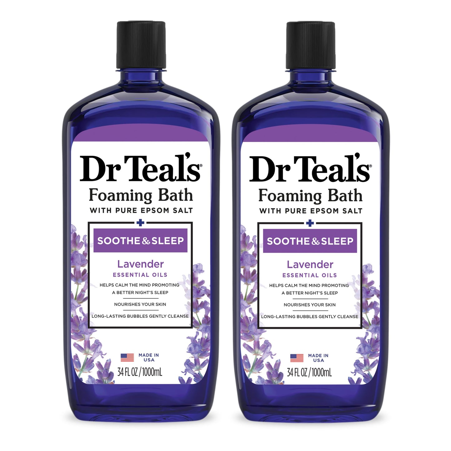 HotDr Teal's Foaming Bath with Pure Epsom Salt, Soothe & Sleep with Lavender, 34 fl oz (Pack of 2)