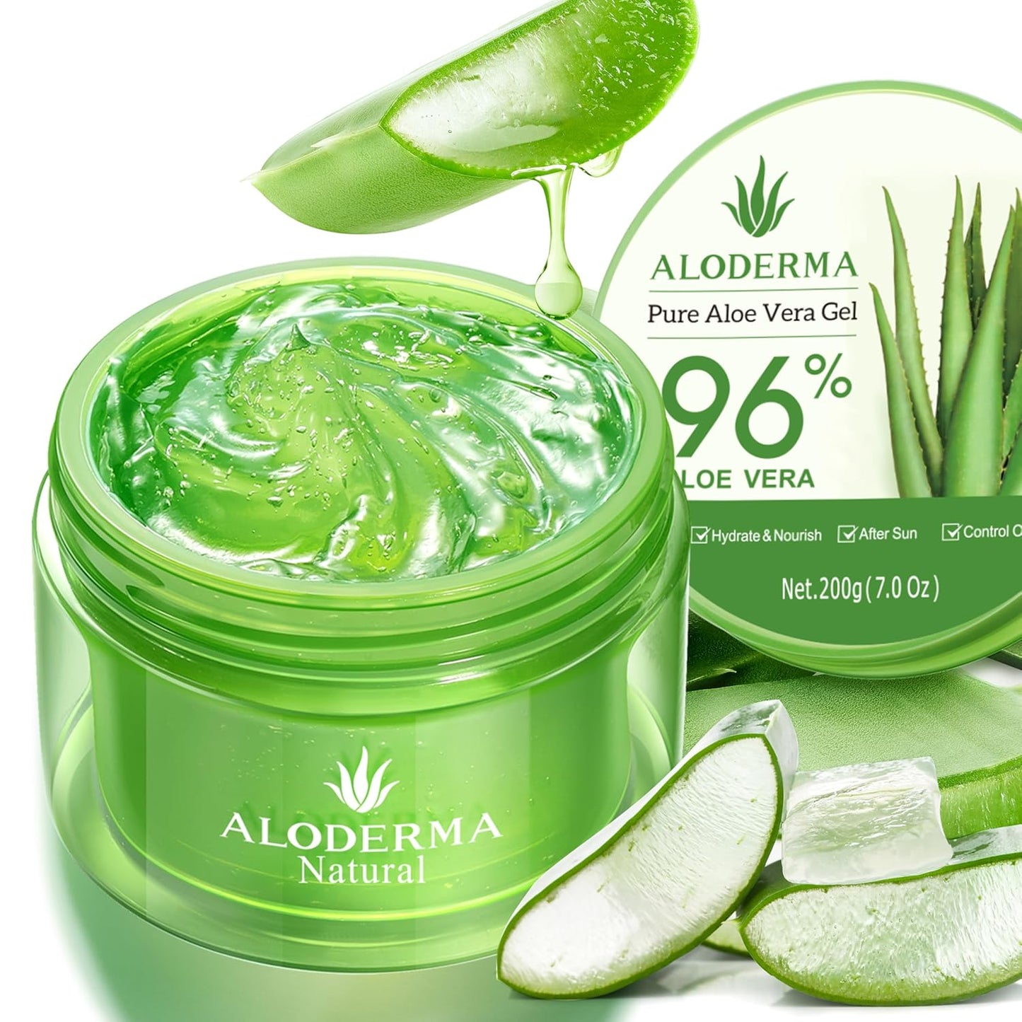 HotAloderma Aloe Vera Gel Made within 12 Hours of Harvest with 96% Pure Organic Aloe Vera for Skin, Scalp, & Hair, Soothing Aloe Face Moisturizer, Multipurpose, Hydrating Aloe Gel, 7.05oz