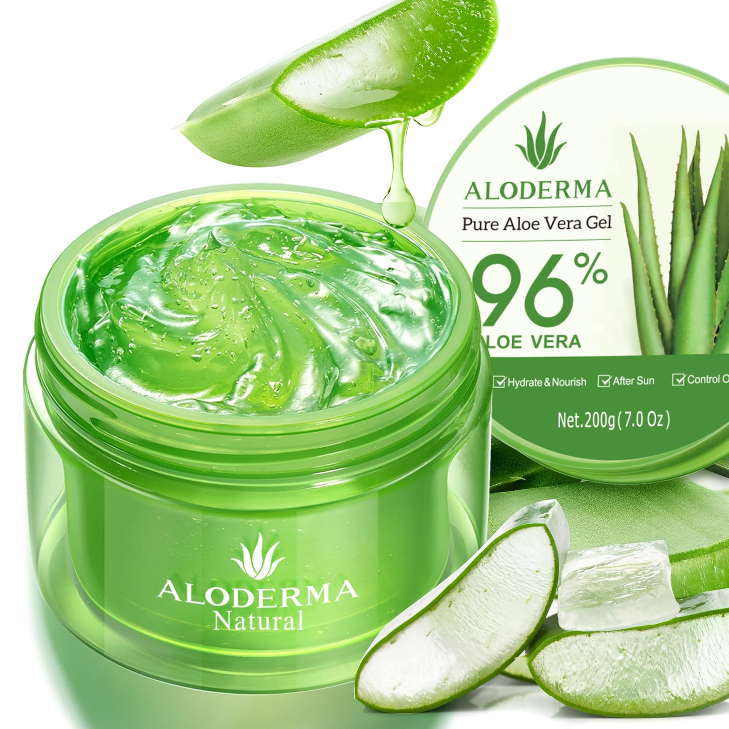 HotAloderma Aloe Vera Gel Made within 12 Hours of Harvest with 96% Pure Organic Aloe Vera for Skin, Scalp, & Hair, Soothing Aloe Face Moisturizer, Multipurpose, Hydrating Aloe Gel, 7.05oz