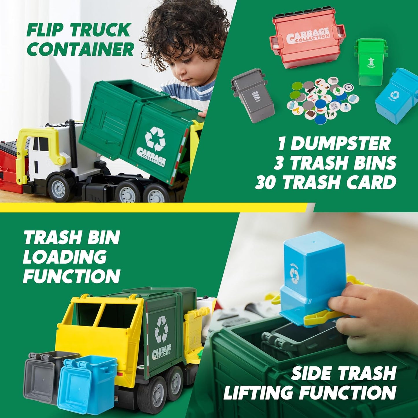 HotJOYIN Large Friction Powered Garbage Truck Toy Set, Includes 1 Dumpster, 3 Trash Bins, and 30 Learning Cards for Kids, Boy Toys Birthday Gift, Green
