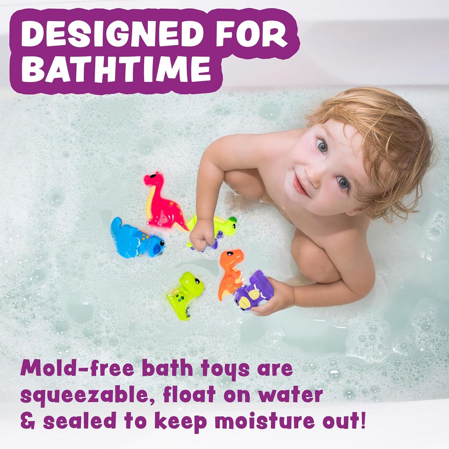 HotTub Works® Dinosaur Mold Free Bath Toys, 6 Pack | Sealed, No Hole Bath Toys Design Keeps Moisture Out | Soft, Squeezable & Float on Water | Easy-Grip Baby & Toddler Bath Toy Set | Great Baby Pool Toys
