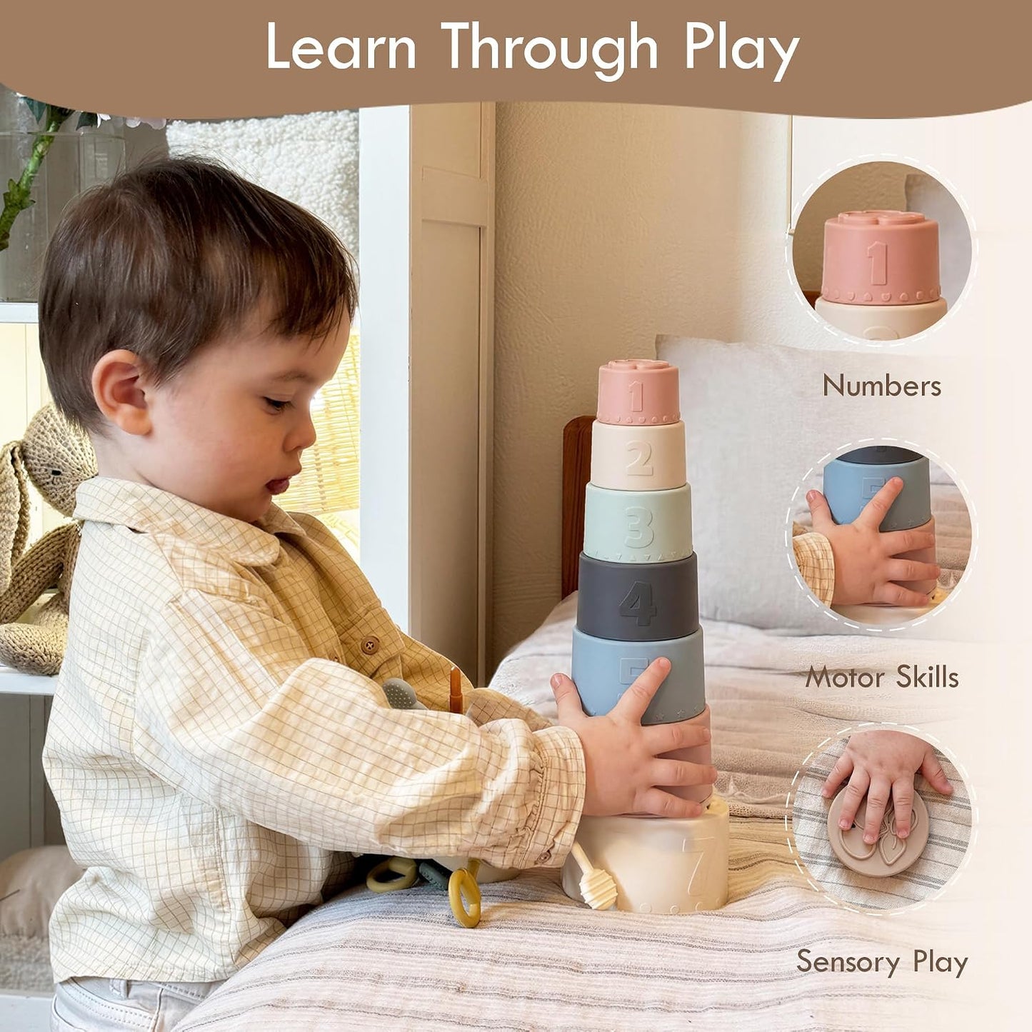 Hot Moonkie Stacking Cups Toy, Fun Educational Baby Toys Silicone Soft Teething Toy, Age 6+ Months, 7 Piece Set