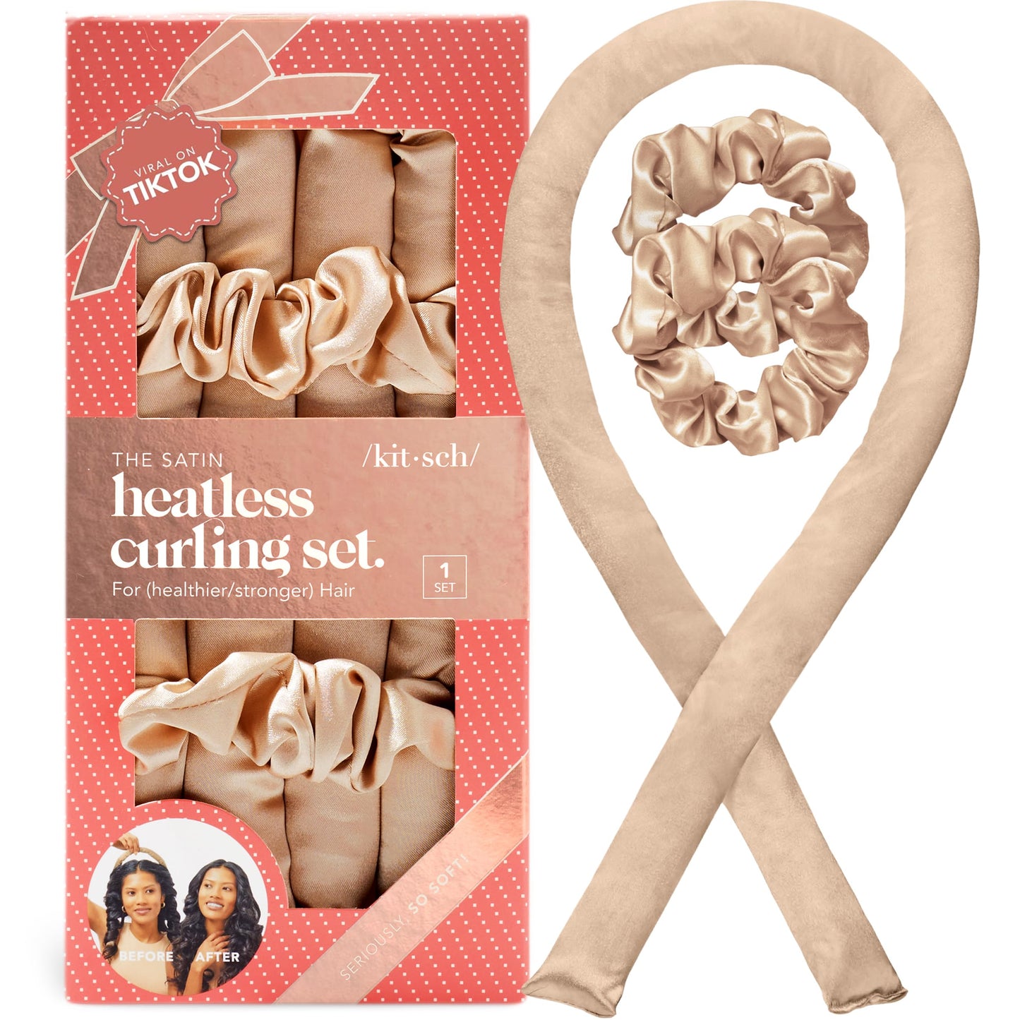 HotKitsch Satin Heatless Curls Overnight Set - Sunset Tie Dye | No Heat Damage Overnight Curls | Comfortable Frizz Free Hair Curlers To Sleep In with 34" Hair Waver & 2 Satin Scrunchies