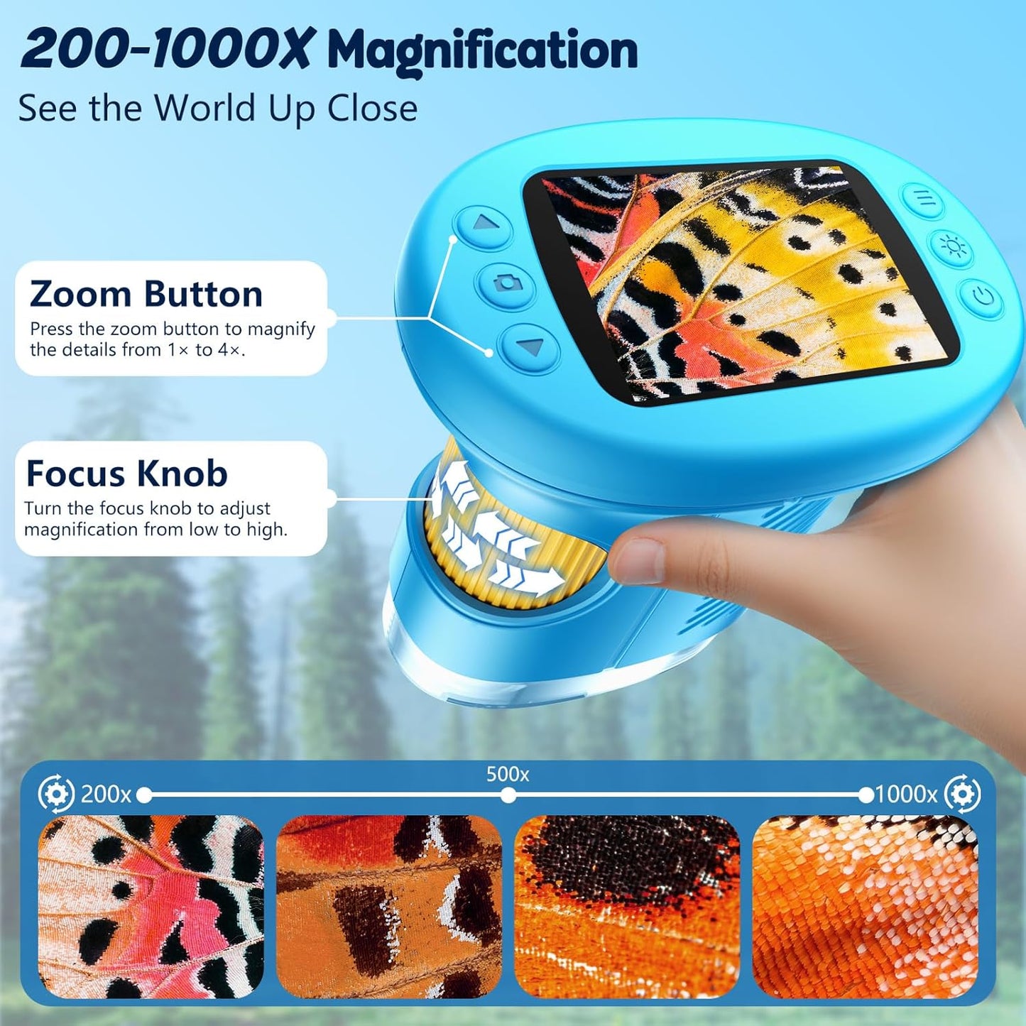 HotOdatay 4K 1000X Digital Microscope for Kids with 32G Card, Long Distance Viewing & 2.4" Screen Portable Handheld Edu Toys for Age 3-12 Exploring Bugs Plants at Home Classroom & Outdoor Travel, Blue