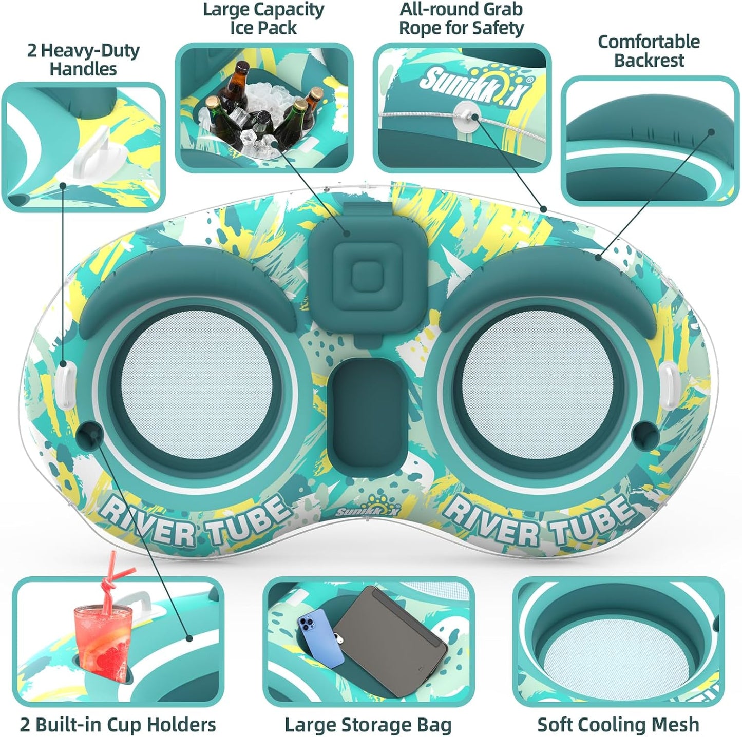 Hot Sunikko X 5-in-1 Pool Floats Adult Heavy Duty River Tube, 2 Person Water Lounge Tanning Pool with Backrests, Built-in Cooler, Cup Holders, Deluxe Pool Toys for Summer Relaxation