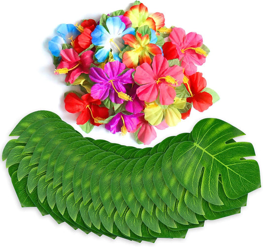 Hot UMIKU 60Pcs Luau Party Decorations Tropical Hawaiian Supplies Palm Leaves | Hibiscus Flowers Simulation Artificial Leaf for Safari Party Jungle Beach Theme BBQ Birthday Party Decorations Table Decor
