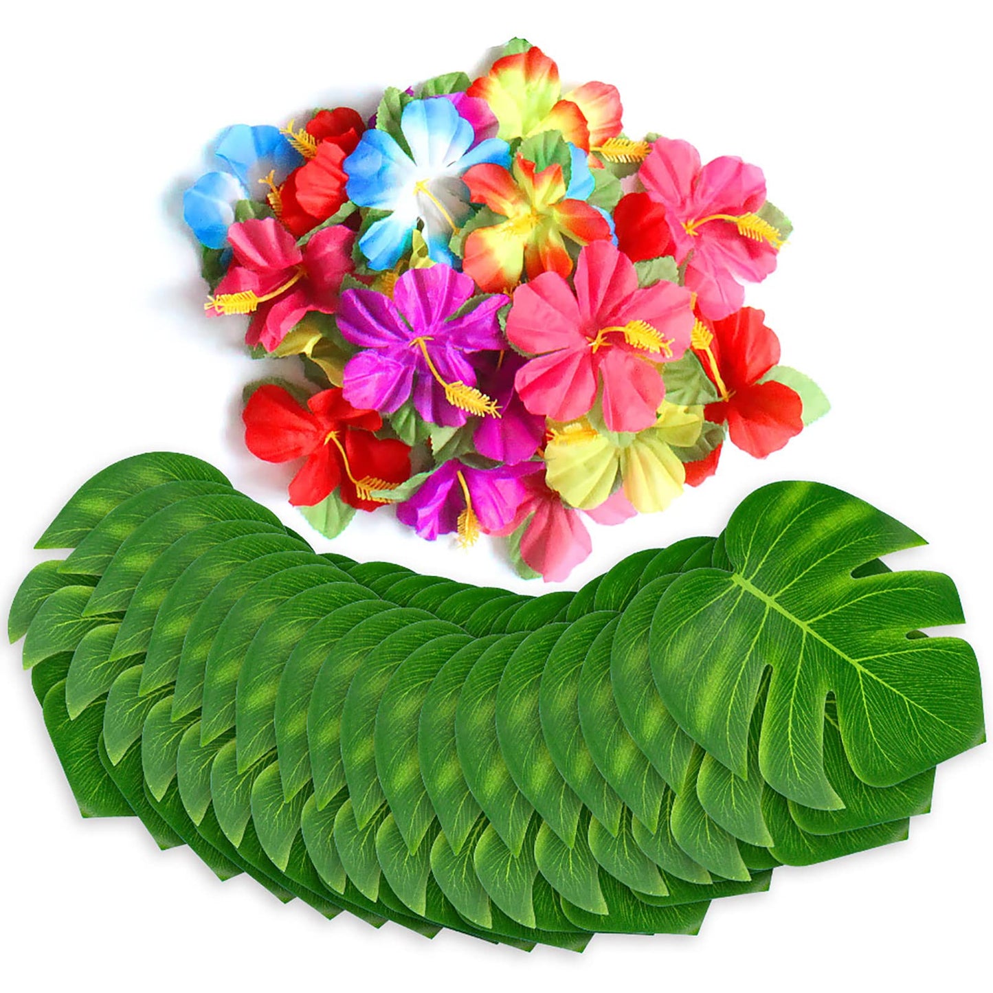 Hot UMIKU 60Pcs Luau Party Decorations Tropical Hawaiian Supplies Palm Leaves | Hibiscus Flowers Simulation Artificial Leaf for Safari Party Jungle Beach Theme BBQ Birthday Party Decorations Table Decor