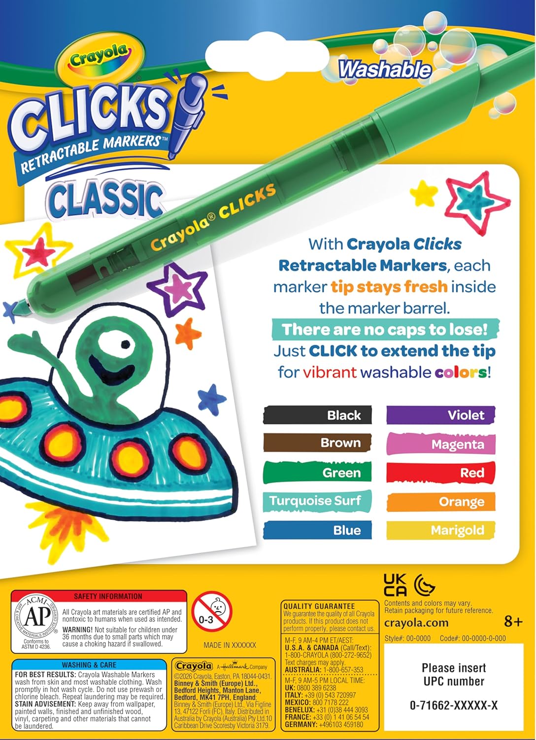 HotCrayola Clicks Retractable Tip Markers (10ct), Washable Cone Tip Art Marker Set, Cute Aesthetic School Supplies, Classroom Must Haves, Ages 3+