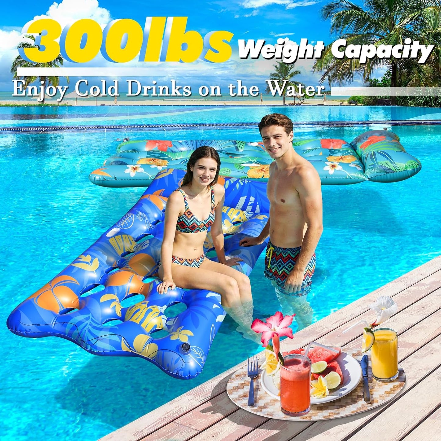Hot Pool Floats Lounger, 2 PCS 72''x35'' Ultra-Comfort Pool Rafts for Adults with Cooling Headrest and Cup Holders, Pool Floaties Raft Mat for Sun Tanning Swimming Beach Outdoor Pool Lake Party