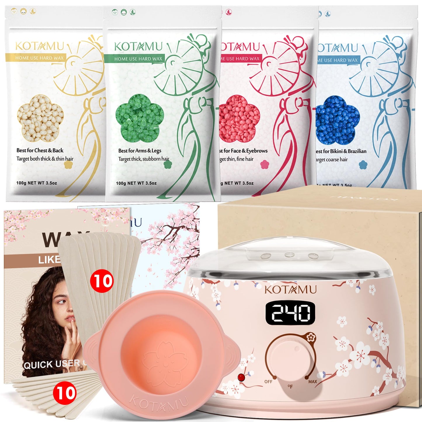 HotKOTAMU Waxing Kit for Women & Men, Pink Digital Wax Pot Warmer Hair Removal | Home Hard Wax Kit, Wax Machine, Face, Eyebrow, Bikini, Brazilian, Body, Sensitive Skin, 25 Accessories, Beginner-Friendly