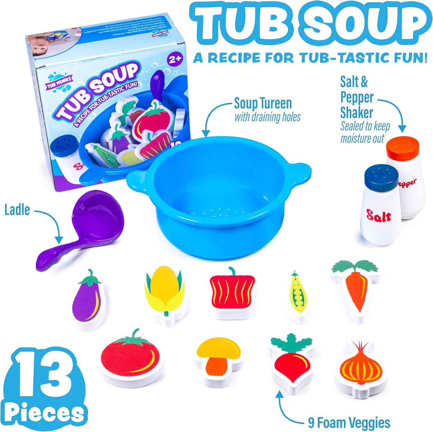 HotTub Works® Tub Soup™ Scoop, Strain & Play Toddler Bath Toy | Floating Foam Veggies, Ladle for Scooping & Soup Pot for Straining | Pretend Play Cooking Kids Bath Toys | Creative Bathtub Toys