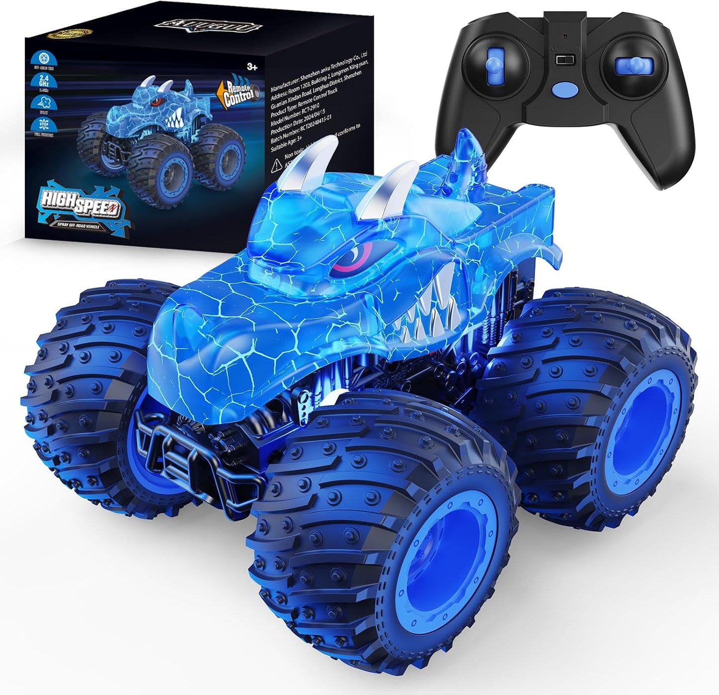 Hot AUUGUU Remote Control Car, 2.4GHz Monster Trucks Toys with Light Spray, Birthday Gift for Kids 3 4 5 6 7 8, All Terrain RC Cars, Toddler Toys for Boys Girls 3+ Year Old