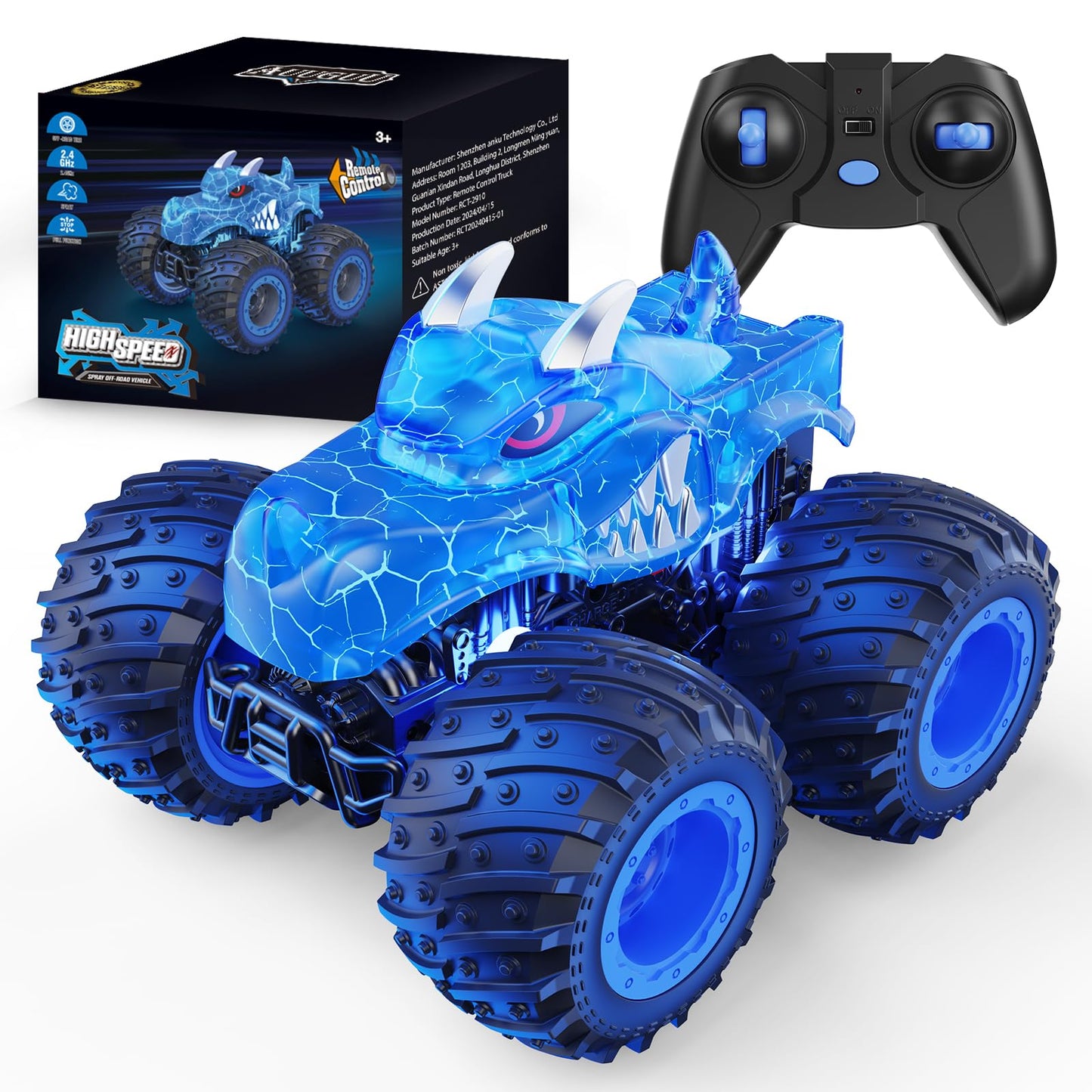 Hot AUUGUU Remote Control Car, 2.4GHz Monster Trucks Toys with Light Spray, Birthday Gift for Kids 3 4 5 6 7 8, All Terrain RC Cars, Toddler Toys for Boys Girls 3+ Year Old