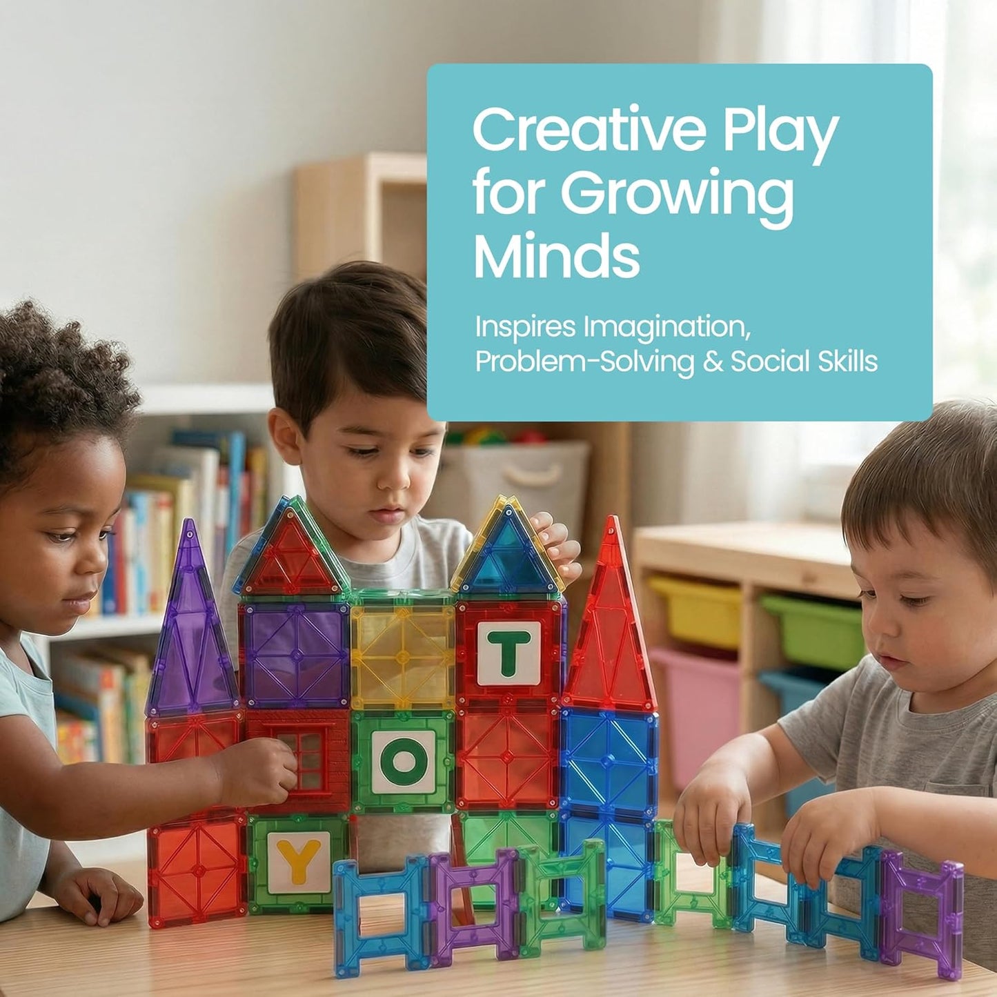 Hot Playmags Magnetic Tiles for Kids 100-Piece Set, STEM Educational Building Blocks Toys for Kids, Includes Click-in ABC Learning Tiles, Gift for Boys & Girls, Add on Magnetic Figures, Car Set Available