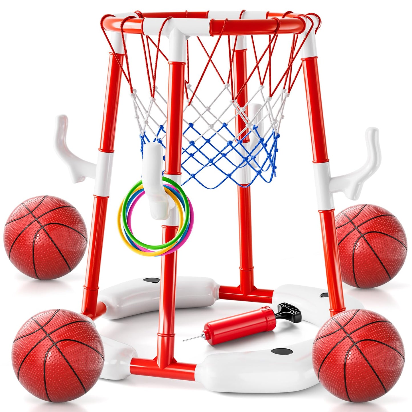 Hot 2-in-1 Pool Basketball Hoop & Ring Games with 4 Balls 12 Rings and Pump, Summer Water Outdoor Party Swimming Pool Toys Games for Kids Ages 4-8 8-12 Adult, Family Water Party Birthday Games Toys