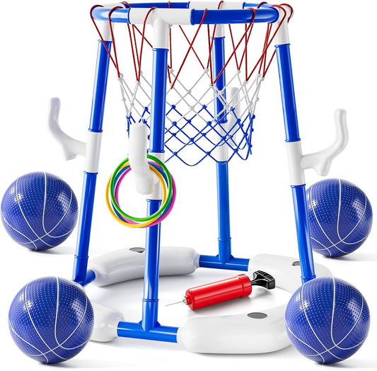 Hot 2-in-1 Pool Basketball Hoop & Ring Games with 4 Balls 12 Rings and Pump, Summer Water Outdoor Party Swimming Pool Toys Games for Kids Ages 4-8 8-12 Adult, Family Water Party Birthday Games Toys